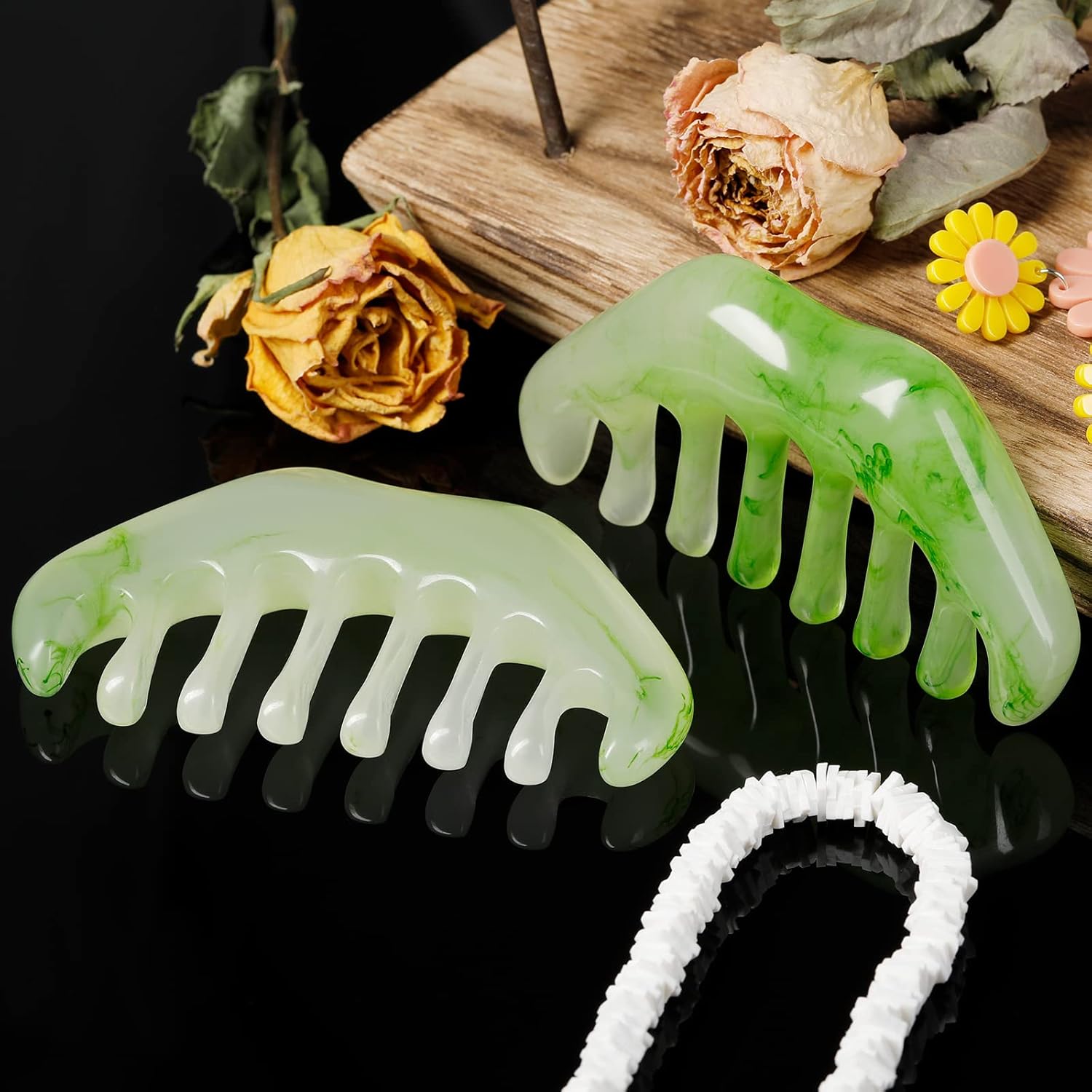 2 Pcs Jade Combs Esthetician Supplies Massage Stone Hair Gua Sha Scraping Scalp Comb Facial Massage Tool Handheld Head Tools Head Caring Therapy Valentines for Women(Elegant Style) - Image 6