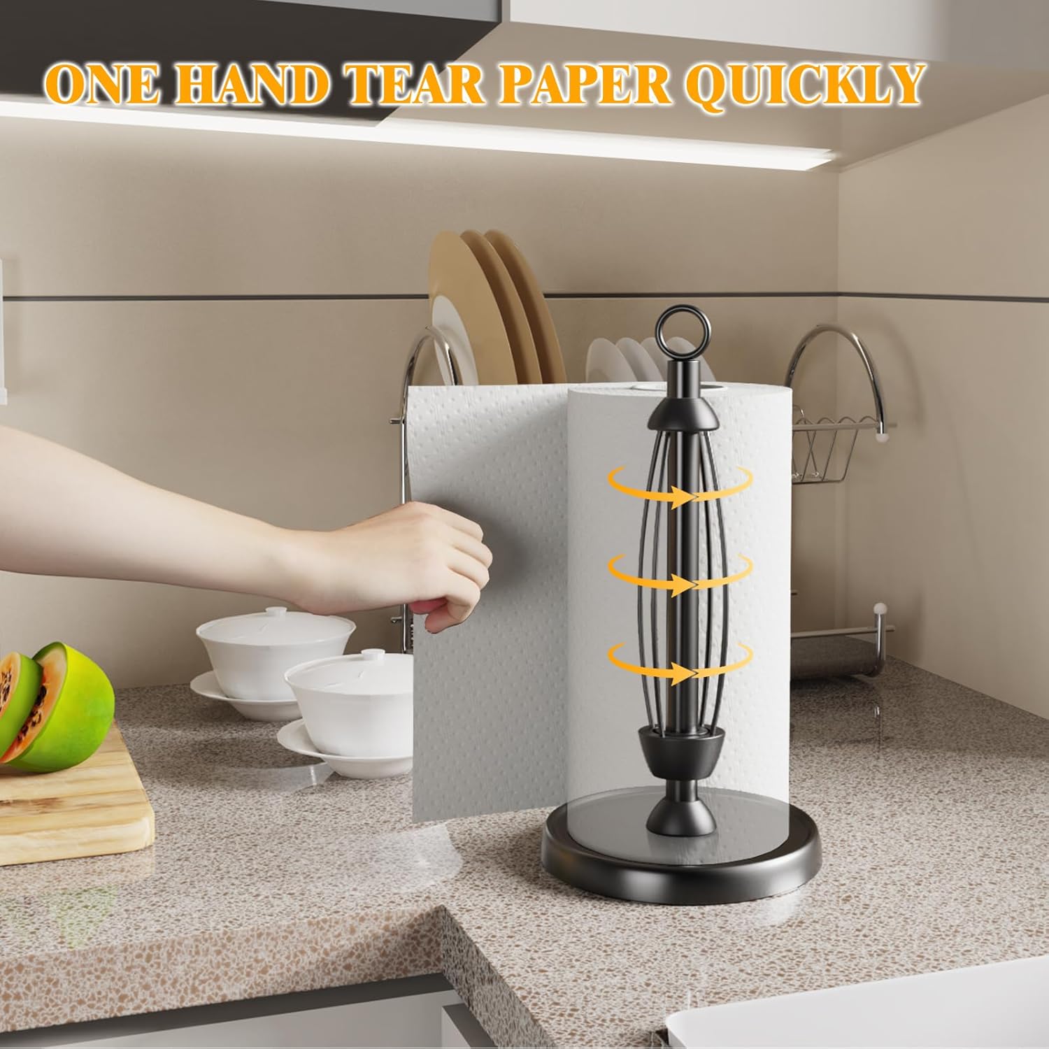 Black Paper Towel Holder Countertop, One-Handed Tear, Stainless Steel, Weighted Base, Ring Paper Towel Holder Stand with Ratchet System for Kitchen Farmhouse Essentials Decor - Image 2