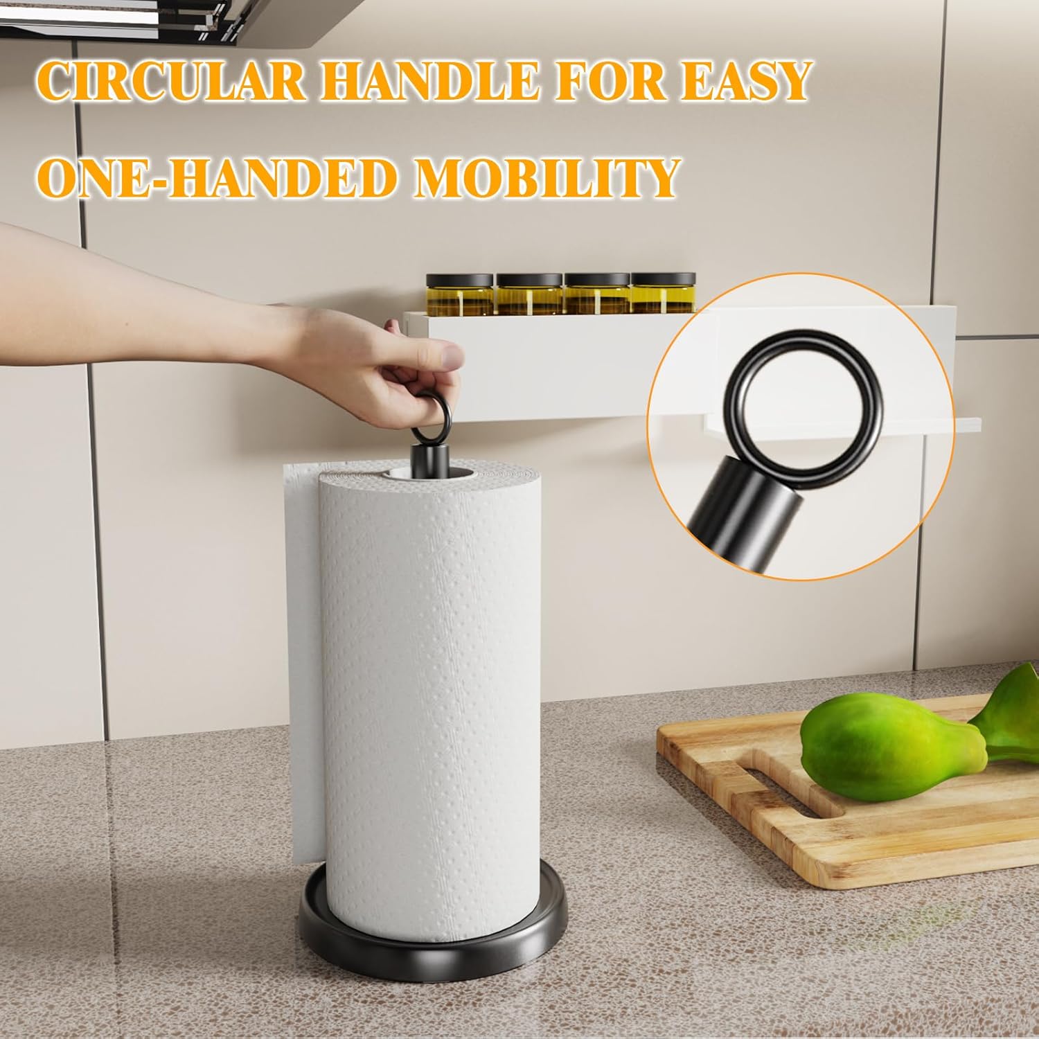 Black Paper Towel Holder Countertop, One-Handed Tear, Stainless Steel, Weighted Base, Ring Paper Towel Holder Stand with Ratchet System for Kitchen Farmhouse Essentials Decor - Image 3