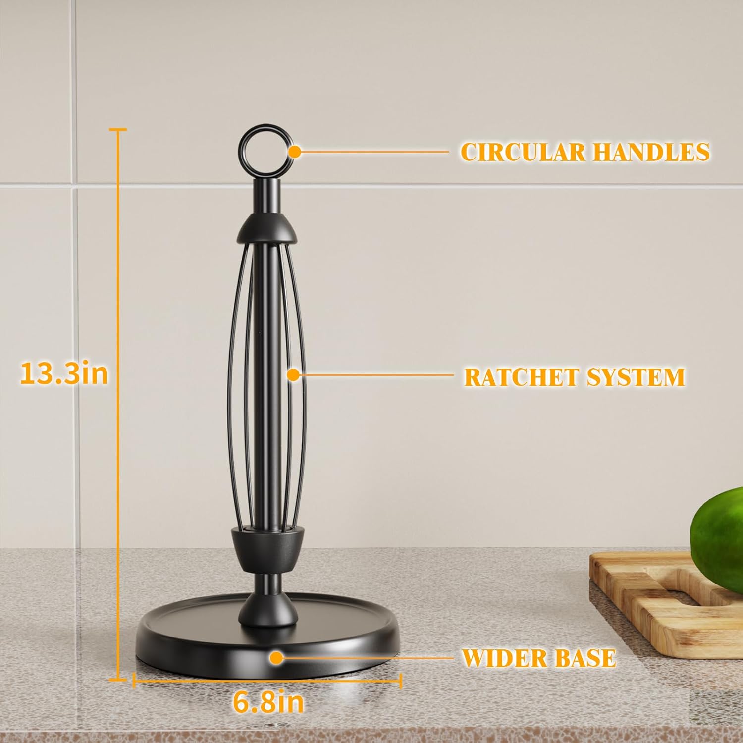 Black Paper Towel Holder Countertop, One-Handed Tear, Stainless Steel, Weighted Base, Ring Paper Towel Holder Stand with Ratchet System for Kitchen Farmhouse Essentials Decor - Image 4