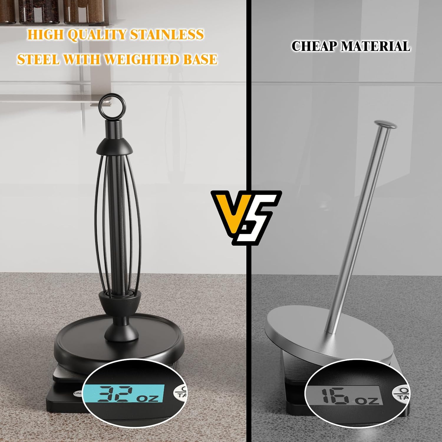 Black Paper Towel Holder Countertop, One-Handed Tear, Stainless Steel, Weighted Base, Ring Paper Towel Holder Stand with Ratchet System for Kitchen Farmhouse Essentials Decor - Image 5