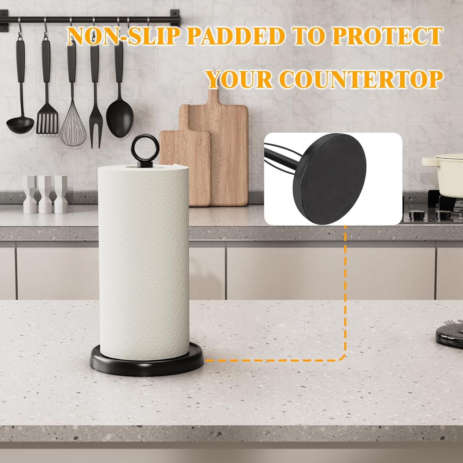 Black Paper Towel Holder Countertop, One-Handed Tear, Stainless Steel, Weighted Base, Ring Paper Towel Holder Stand with Ratchet System for Kitchen Farmhouse Essentials Decor - Image 6