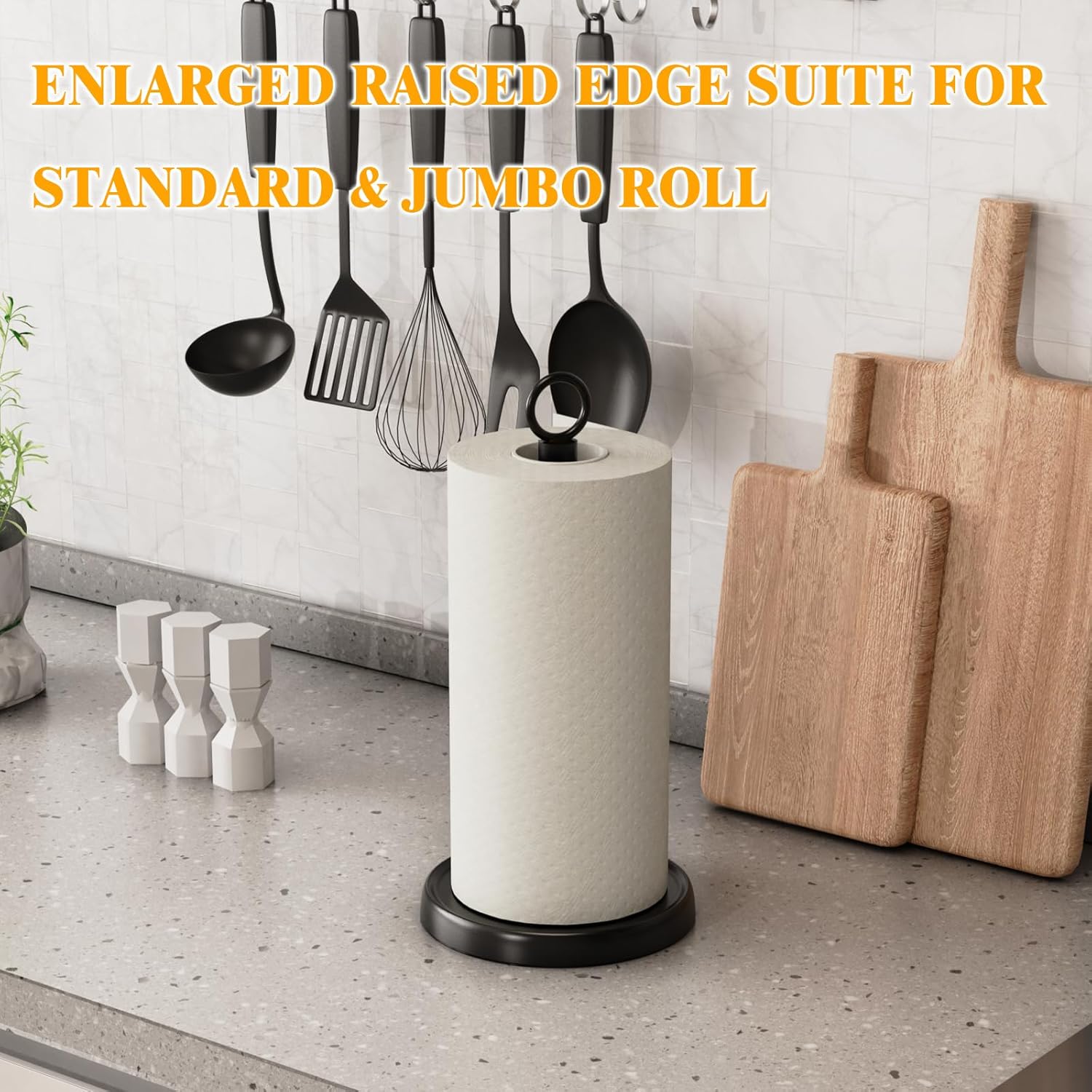 Black Paper Towel Holder Countertop, One-Handed Tear, Stainless Steel, Weighted Base, Ring Paper Towel Holder Stand with Ratchet System for Kitchen Farmhouse Essentials Decor - Image 7