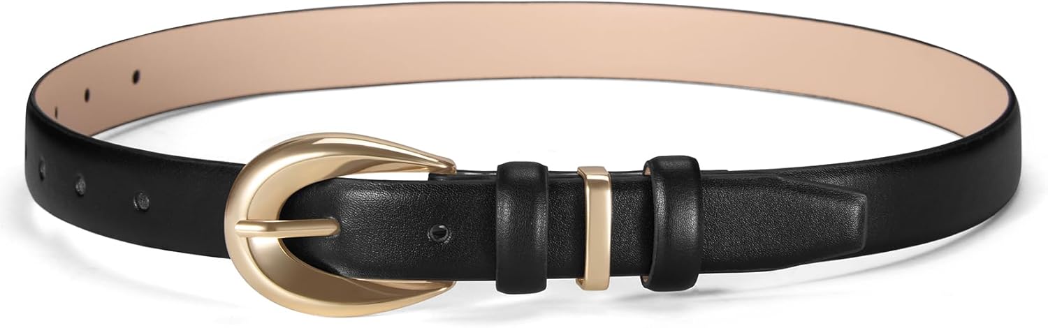 Women Skinny Leather Belts for Jeans Dress Fashion Ladies Faux Belt with Gold Buckle - Image 1