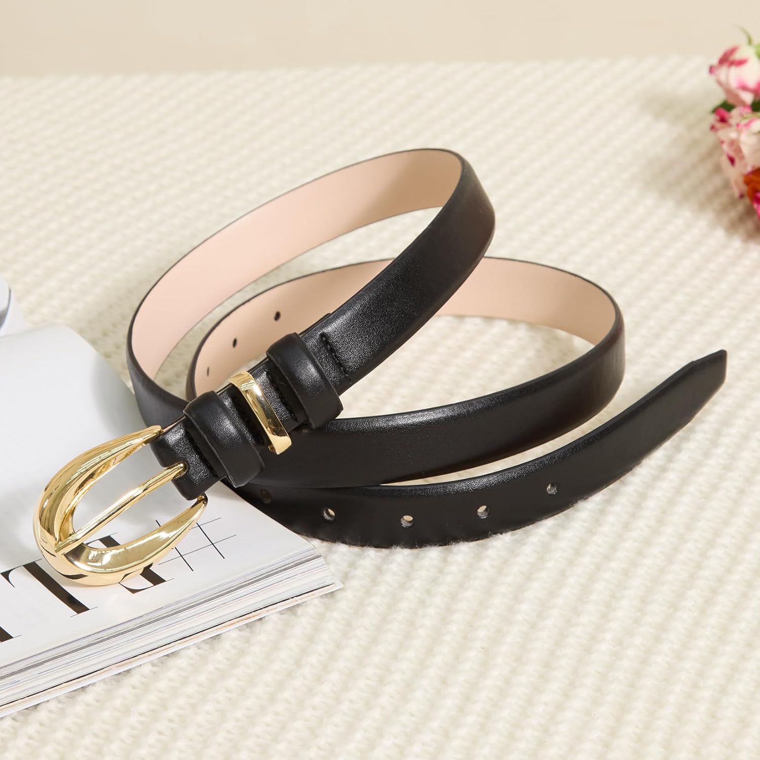 Women Skinny Leather Belts for Jeans Dress Fashion Ladies Faux Belt with Gold Buckle - Image 2
