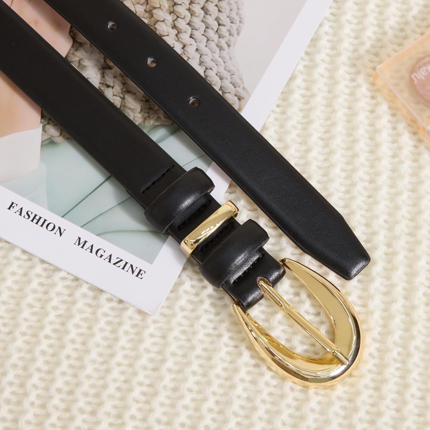 Women Skinny Leather Belts for Jeans Dress Fashion Ladies Faux Belt with Gold Buckle - Image 3
