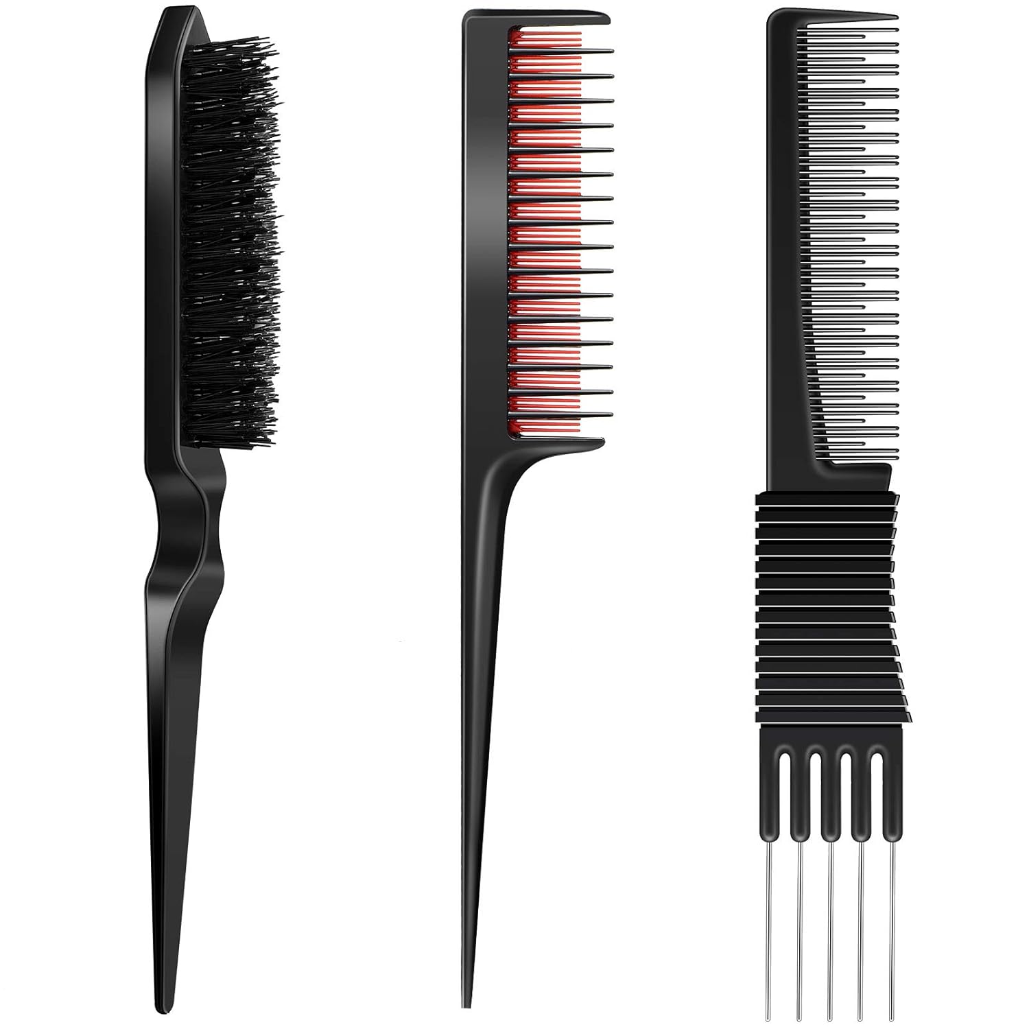 3 Pieces Pick Teasing Combs Hair Brush Set Includes Black Carbon Lift with Metal Prong, Triple Pin Rat Tail Comb, Nylon Bristle Hair Brush for Women(Black and Red) - Image 1
