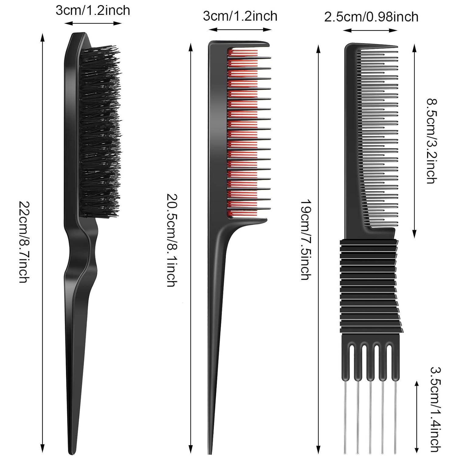 3 Pieces Pick Teasing Combs Hair Brush Set Includes Black Carbon Lift with Metal Prong, Triple Pin Rat Tail Comb, Nylon Bristle Hair Brush for Women(Black and Red) - Image 2