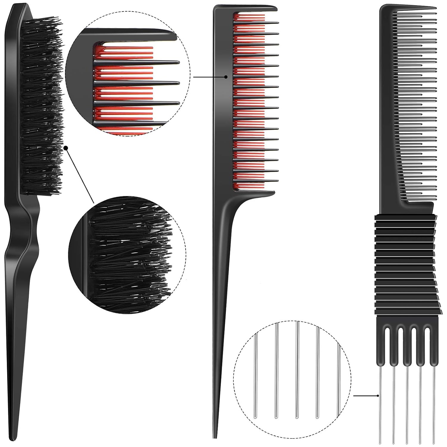 3 Pieces Pick Teasing Combs Hair Brush Set Includes Black Carbon Lift with Metal Prong, Triple Pin Rat Tail Comb, Nylon Bristle Hair Brush for Women(Black and Red) - Image 3