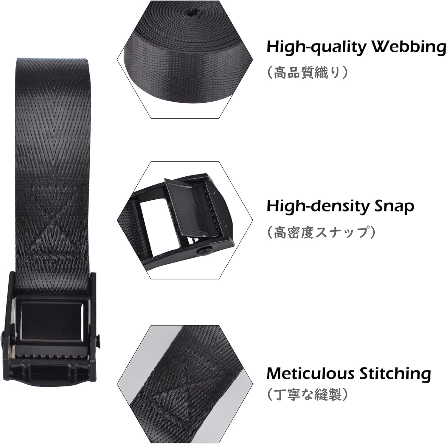 Cinch Tie Down Strap Lashing Straps Heavy Duty Nylon Straps with Cam Buckles for Cargo, Trucks, Boat, Motorcycle,SUP, Kayak, Canoe, Trailer (1m, Black - 4 Pack) - Image 3