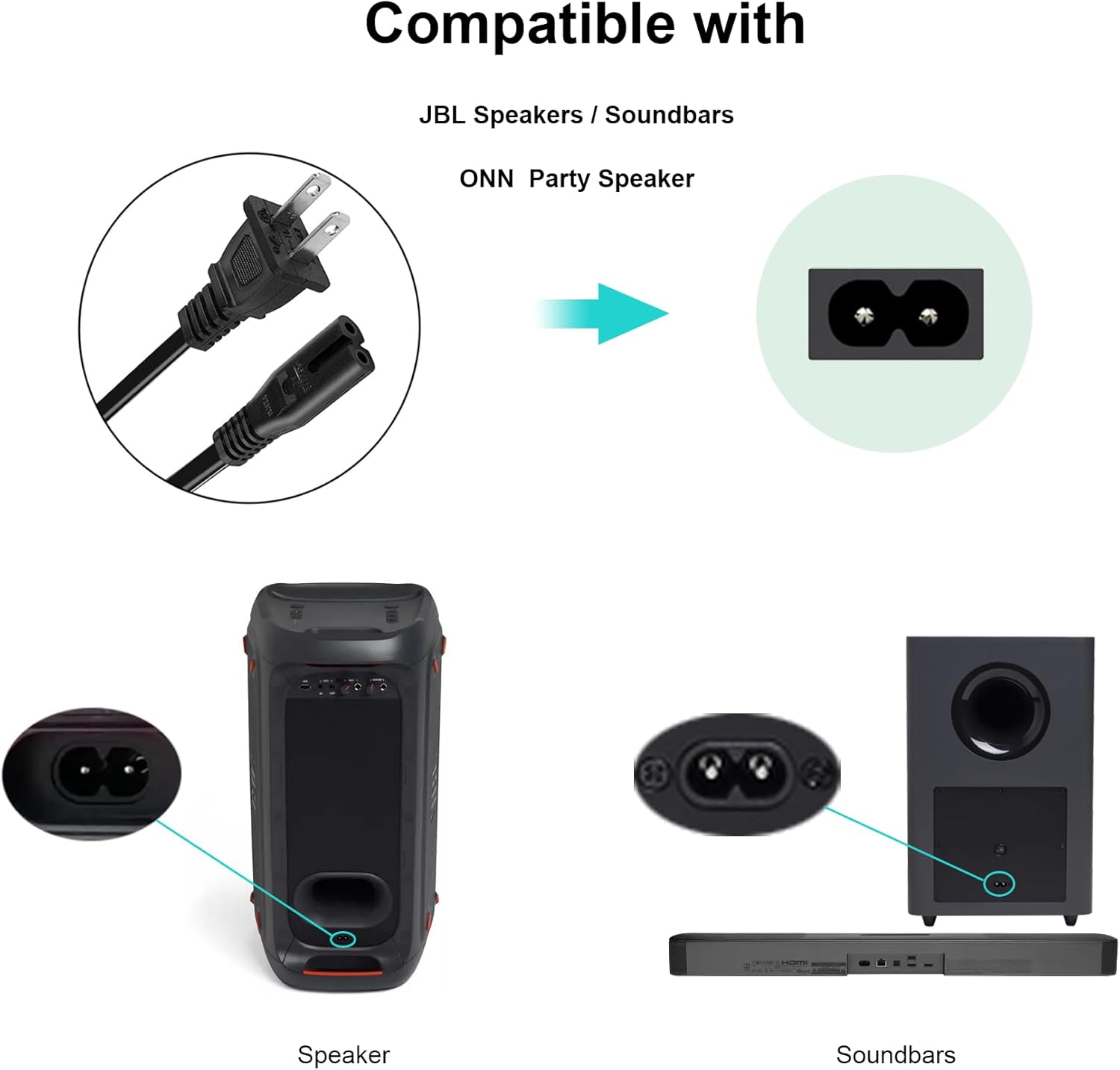 Power Cord for JBL PartyBox 100 110 200 300 310 710 1000 On-The-Go Speaker, ONN Party Speaker, JBL Soundbar 2 Prong Power Cable Replacement - Image 2