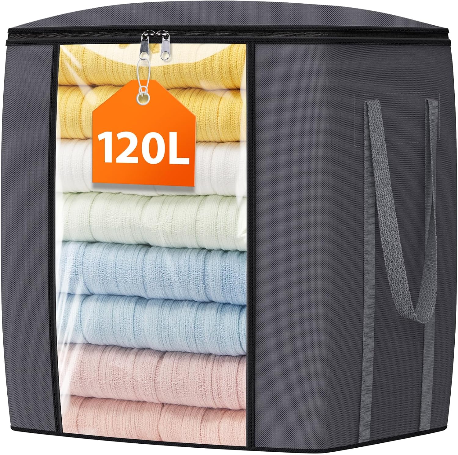 120L Extra Large Clothes Storage Bags, Foldable Blanket Storage and Organization, Thick Fabric Containers with Reinforced Handles & Zippers for Clothing, Comforters, Bedding, Gray, 1 Pack - Image 1