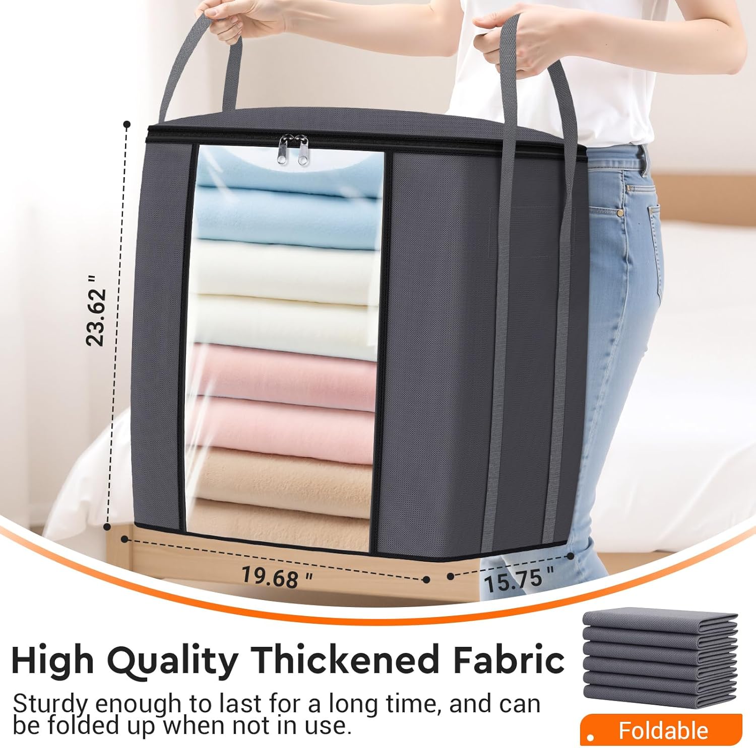 120L Extra Large Clothes Storage Bags, Foldable Blanket Storage and Organization, Thick Fabric Containers with Reinforced Handles & Zippers for Clothing, Comforters, Bedding, Gray, 1 Pack - Image 2