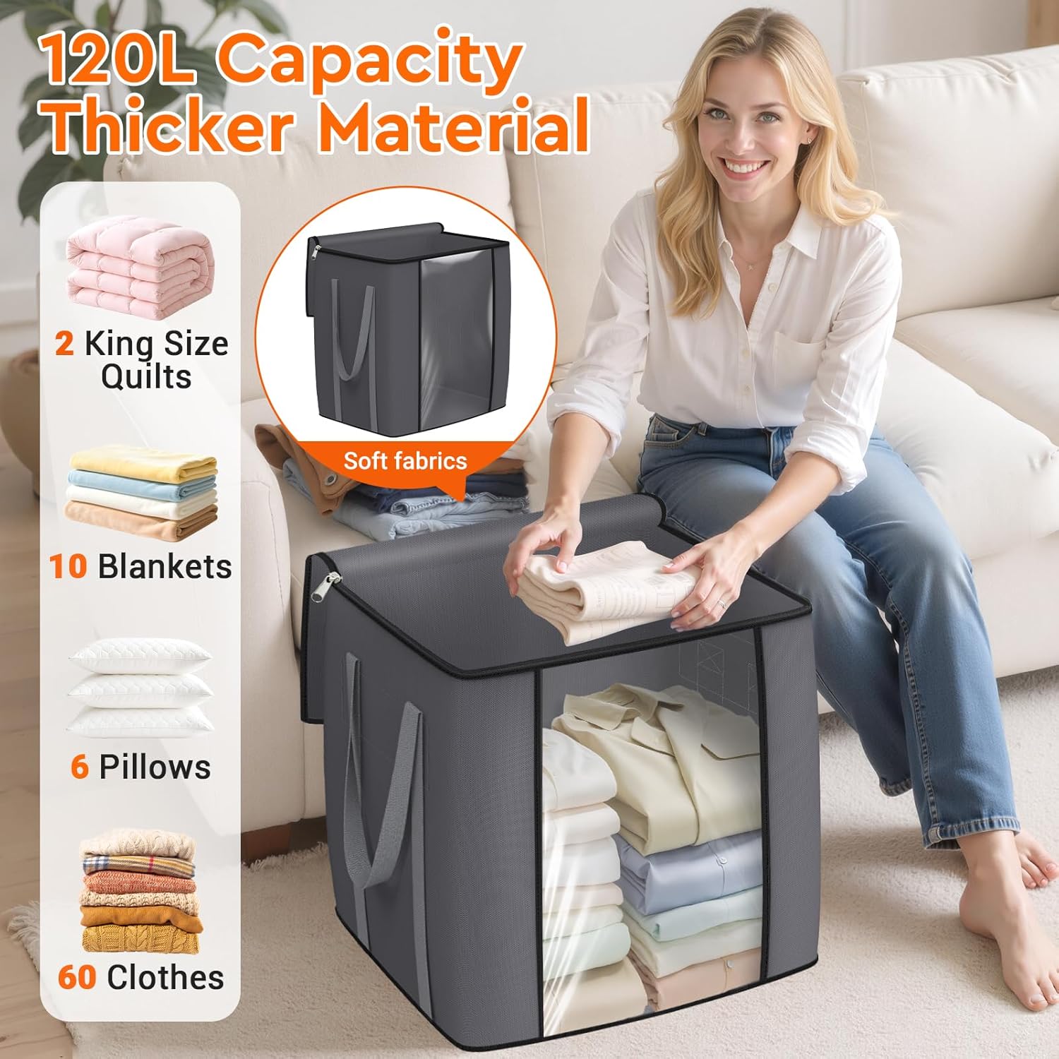120L Extra Large Clothes Storage Bags, Foldable Blanket Storage and Organization, Thick Fabric Containers with Reinforced Handles & Zippers for Clothing, Comforters, Bedding, Gray, 1 Pack - Image 3