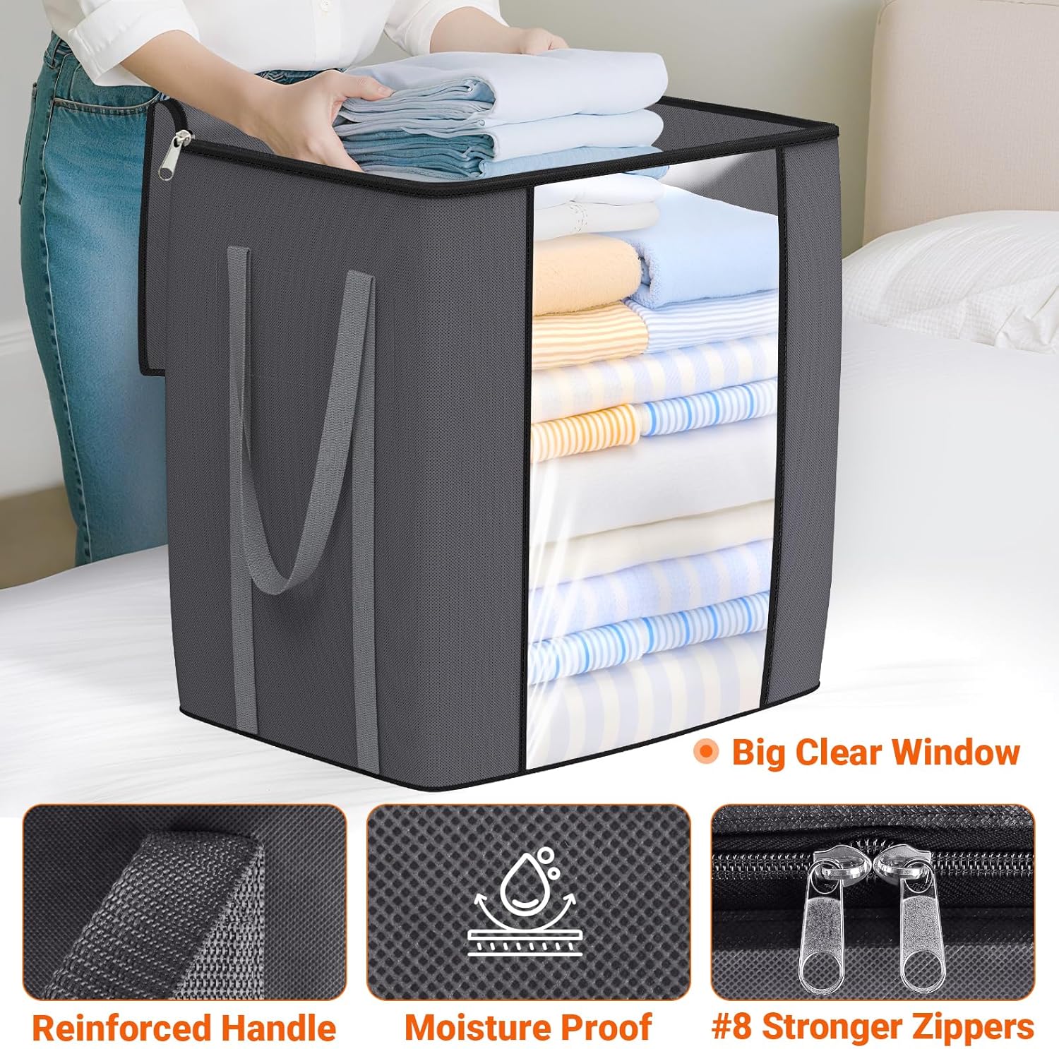120L Extra Large Clothes Storage Bags, Foldable Blanket Storage and Organization, Thick Fabric Containers with Reinforced Handles & Zippers for Clothing, Comforters, Bedding, Gray, 1 Pack - Image 4