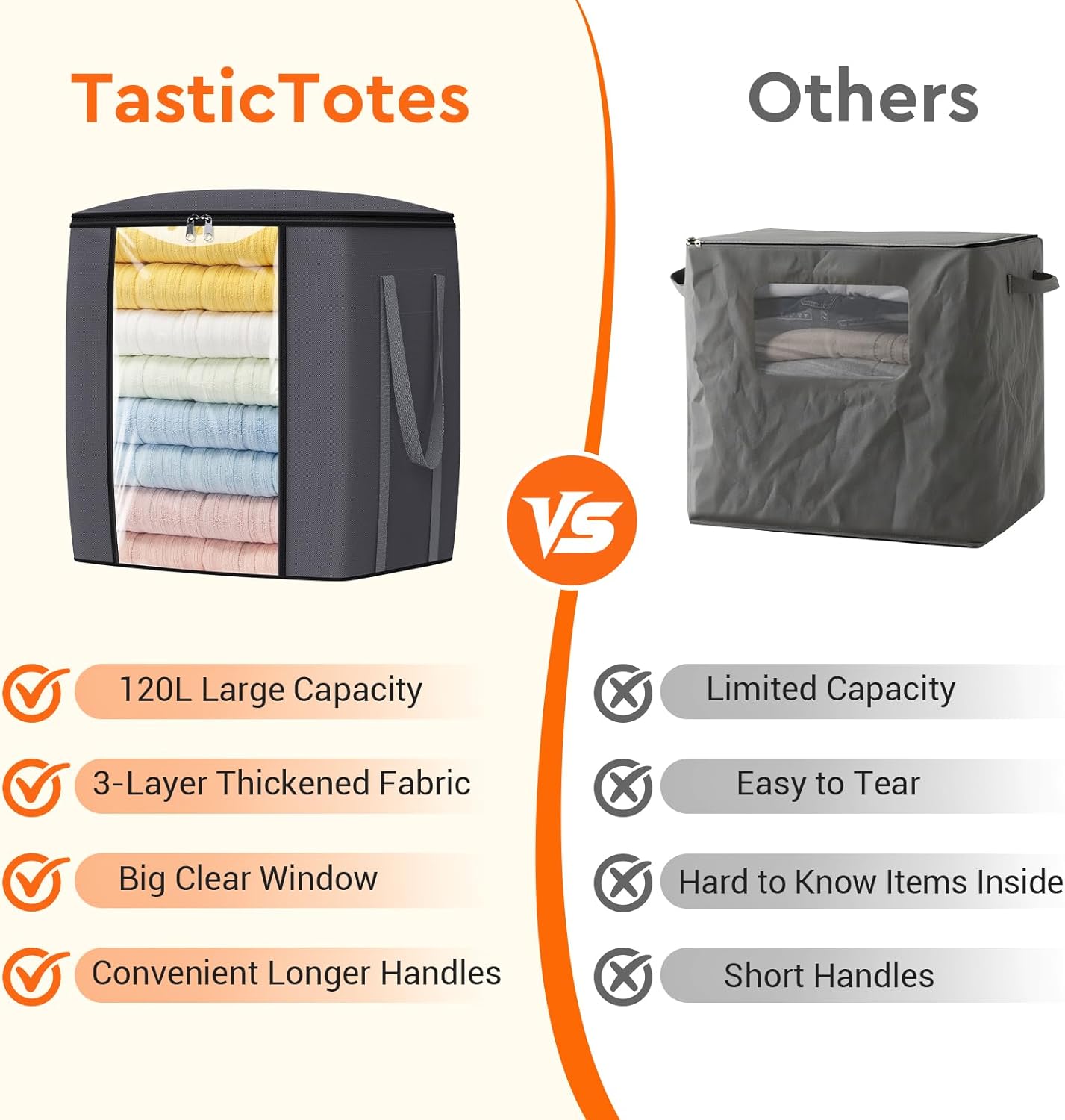 120L Extra Large Clothes Storage Bags, Foldable Blanket Storage and Organization, Thick Fabric Containers with Reinforced Handles & Zippers for Clothing, Comforters, Bedding, Gray, 1 Pack - Image 5