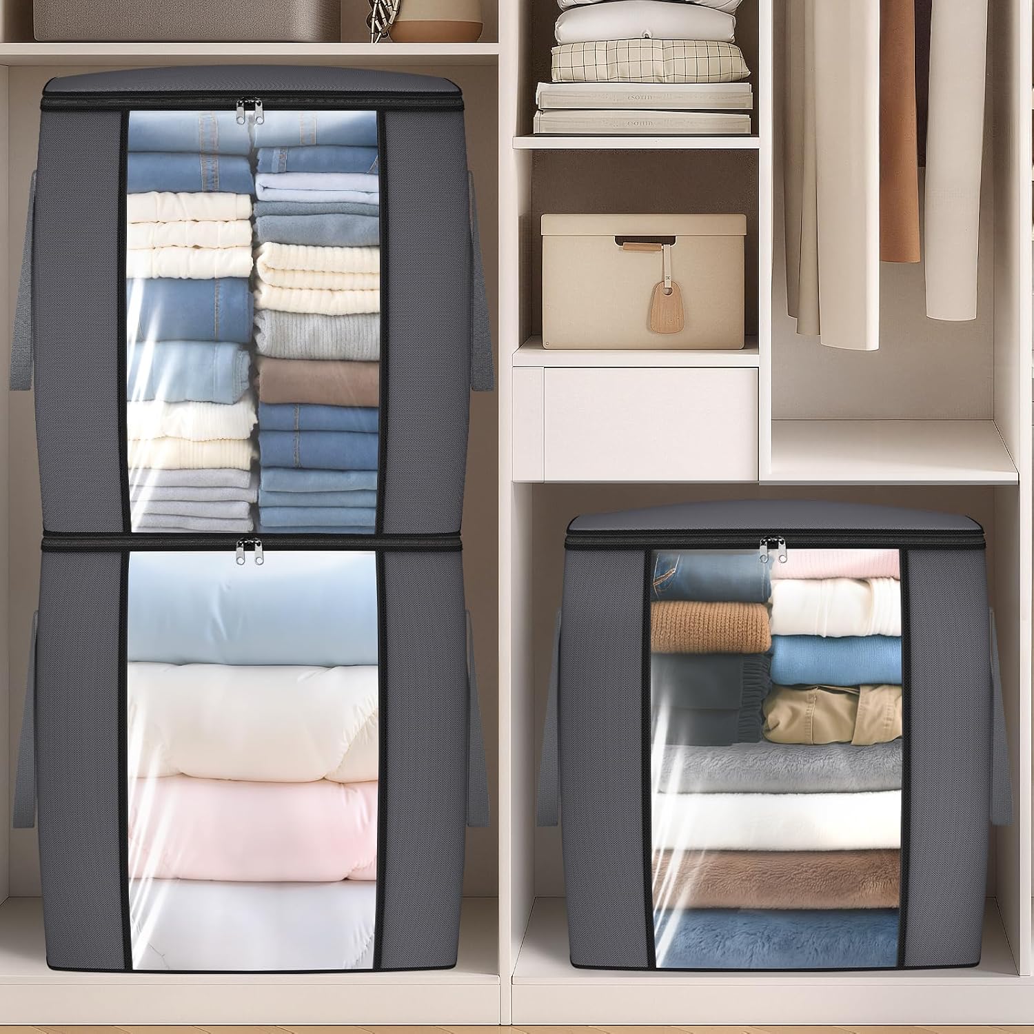 120L Extra Large Clothes Storage Bags, Foldable Blanket Storage and Organization, Thick Fabric Containers with Reinforced Handles & Zippers for Clothing, Comforters, Bedding, Gray, 1 Pack - Image 7
