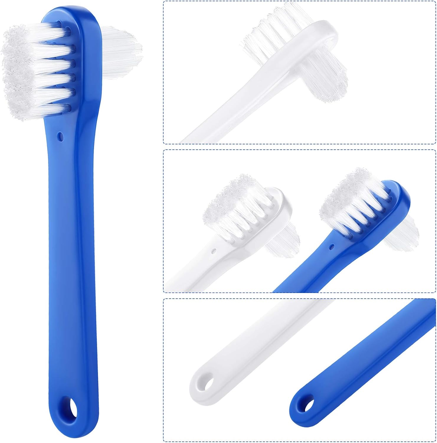 6 Pack Denture Cleaning Brush Dual Head Portable Denture Toothbrush Hard Double Sided Multi-Layered Bristles False Teeth Toothbrush for Care Clean Clear Brace Mouth Guard(Blue White,Flat) - Image 3