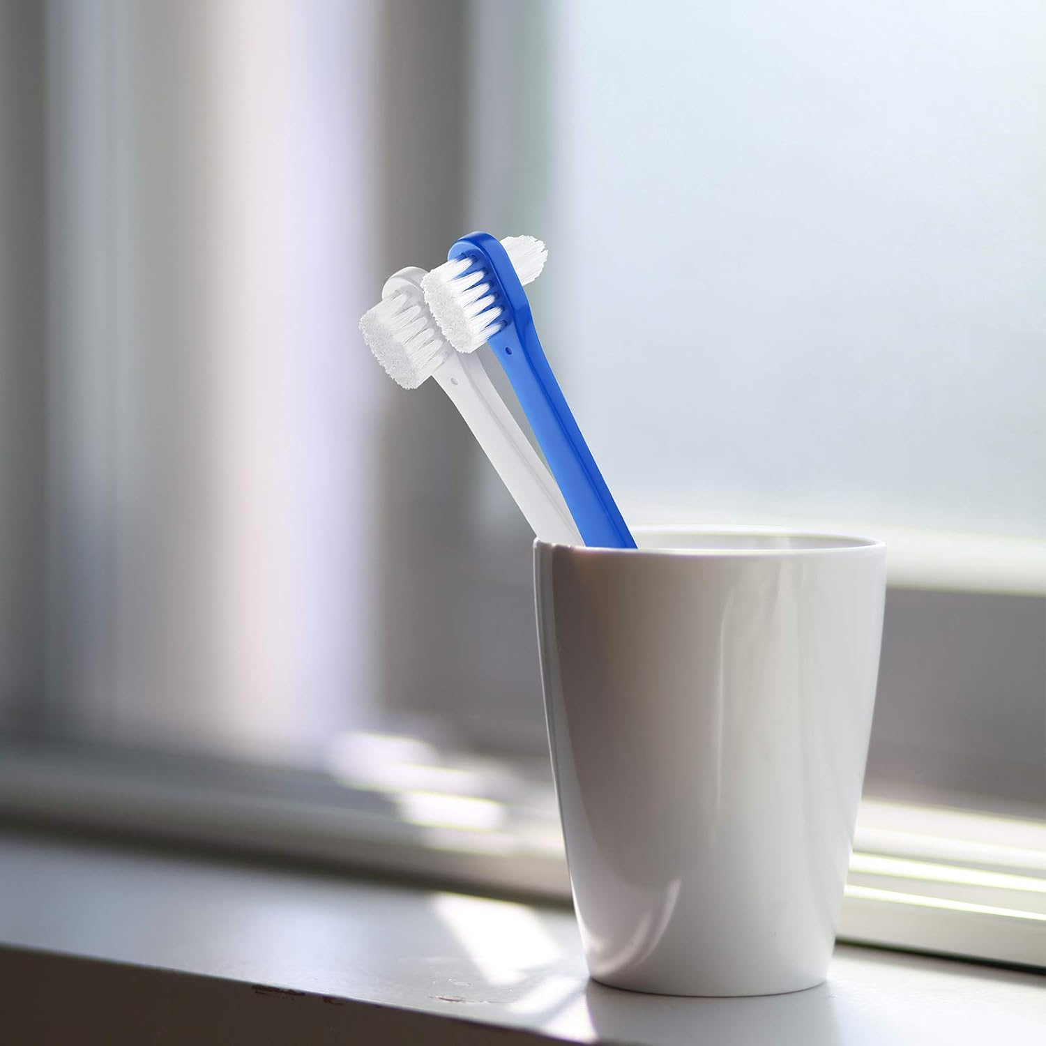 6 Pack Denture Cleaning Brush Dual Head Portable Denture Toothbrush Hard Double Sided Multi-Layered Bristles False Teeth Toothbrush for Care Clean Clear Brace Mouth Guard(Blue White,Flat) - Image 6