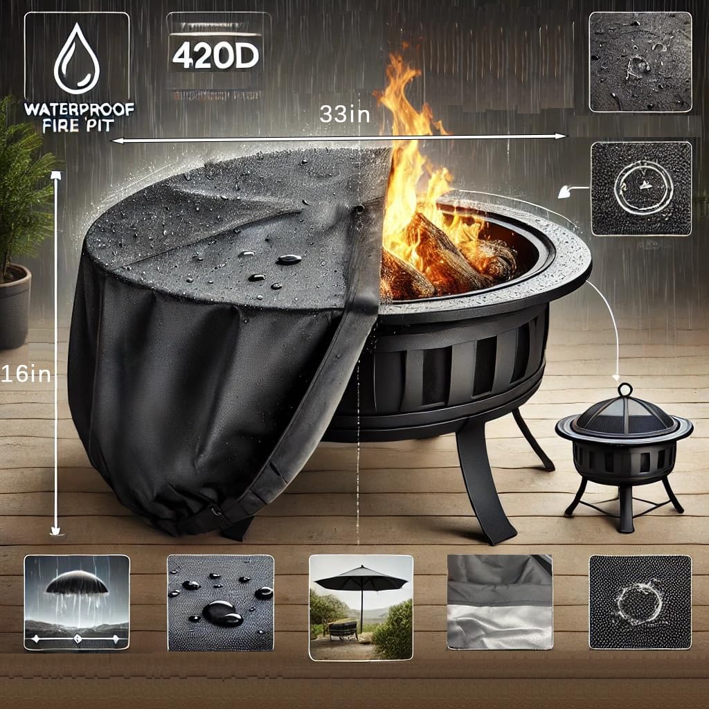 Round Fire Pit Cover for 22-34 Inch Firepit, Heavy Duty Outdoor Patio Fireplace Covers - Waterproof Dustproof Anti UV and Tear Resistant - Image 2