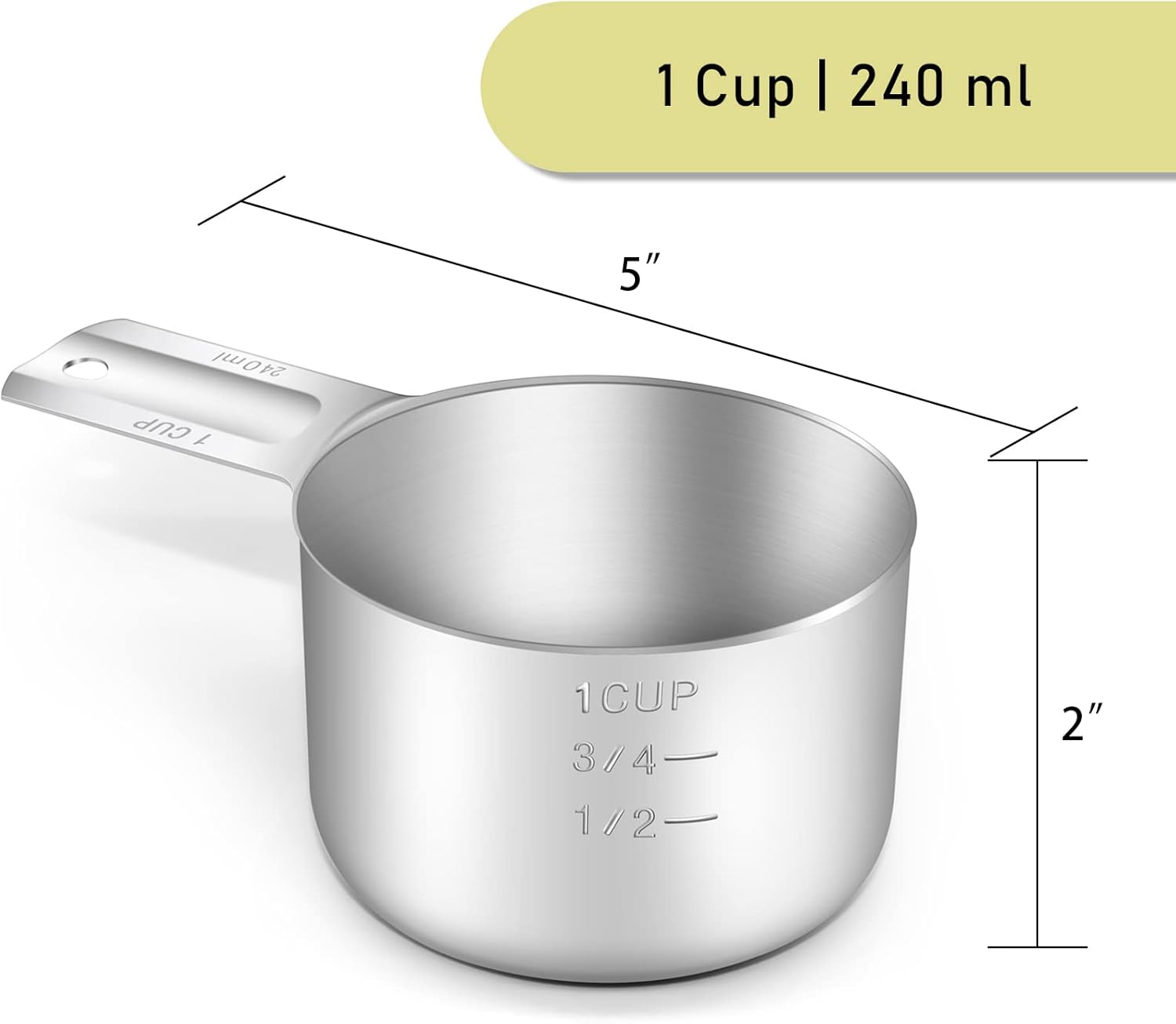 1PCS 1Cup (240ml, 8oz) Single Measuring Cup, Stainless Steel Measure Scoop, Metric and US Measurement, Dishwasher Safe - Image 2