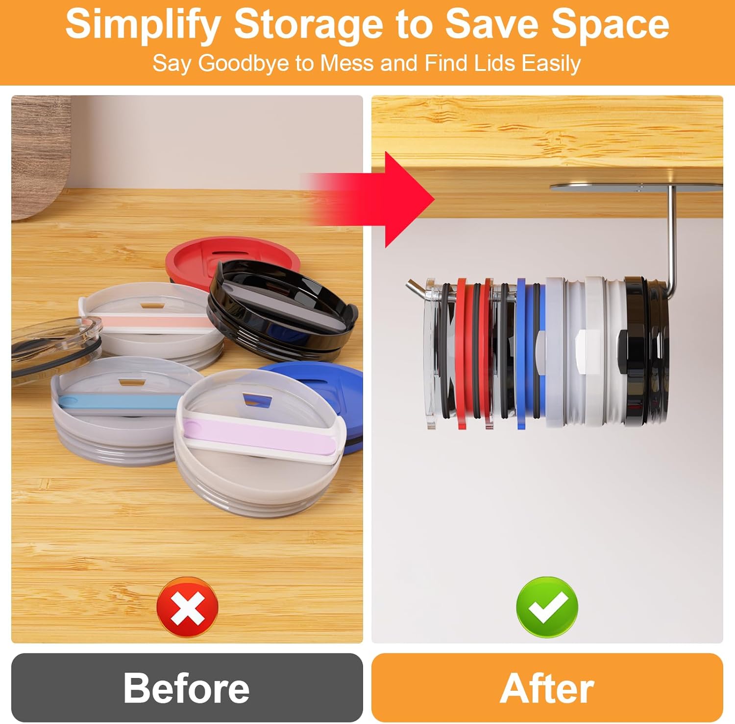 2 Pack Tumbler Lid Organizer, Space Saving Cup Lid Organizer for Yeti/Stanley/Simple Modern Tumbler Lids, Self-Adhesive or Drilling Tumbler Lid Hook for Kitchen Organizers and Storage - Image 5