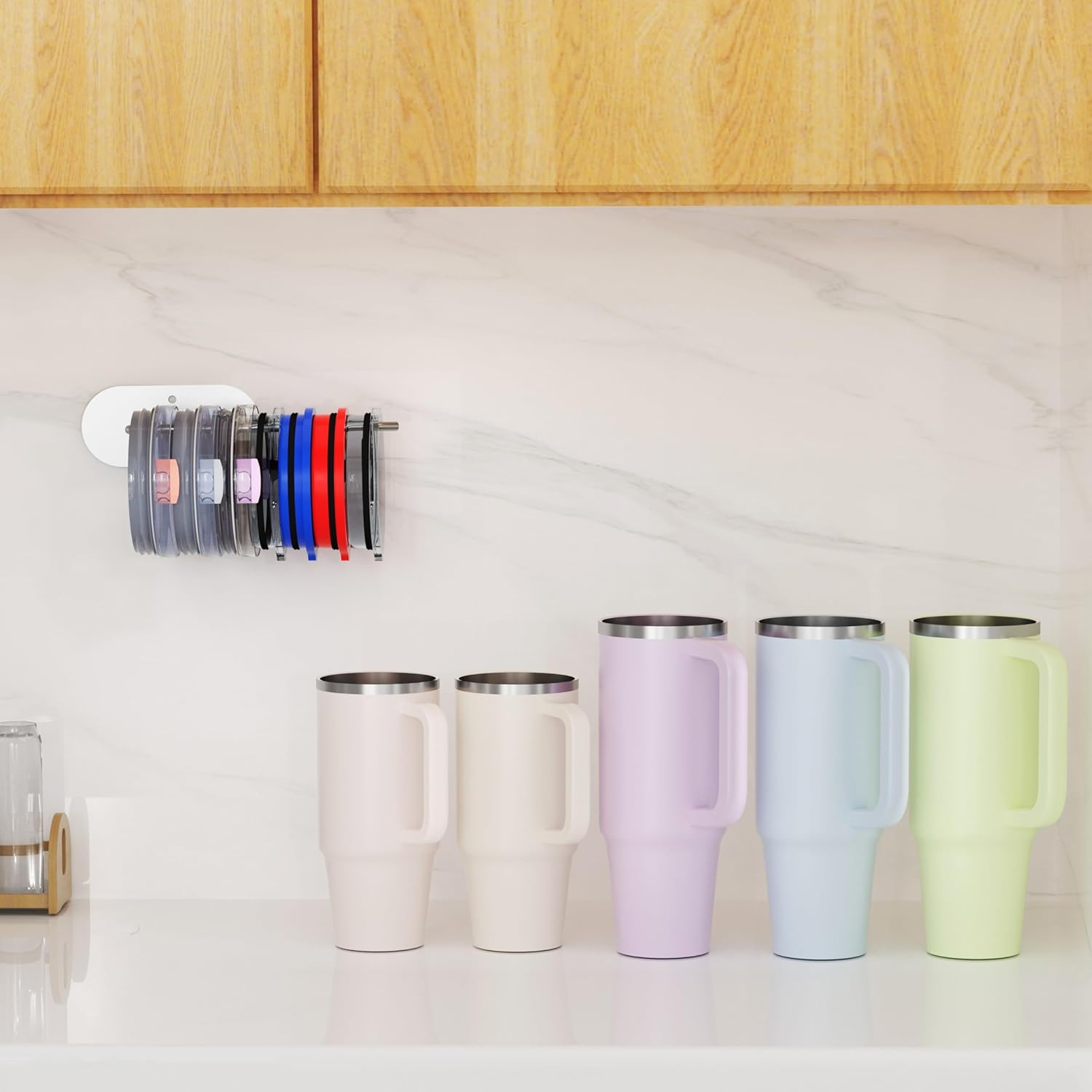 2 Pack Tumbler Lid Organizer, Space Saving Cup Lid Organizer for Yeti/Stanley/Simple Modern Tumbler Lids, Self-Adhesive or Drilling Tumbler Lid Hook for Kitchen Organizers and Storage - Image 7