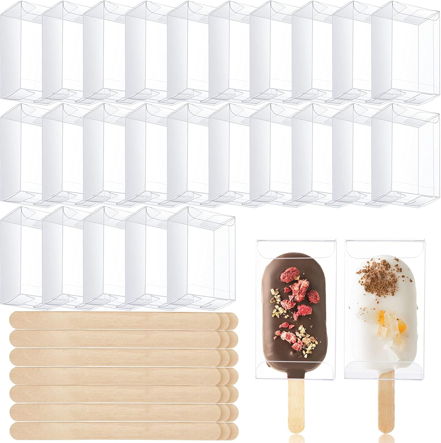 50 Pcs Ice Cream Cakesicle Boxes Set Include 25 Clear Pet Cake Boxes Plastic Candy Gift Bags and 25 Wooden Sticks Treat Boxes for DIY Baking Wedding Baby Shower Birthday Party - Image 1