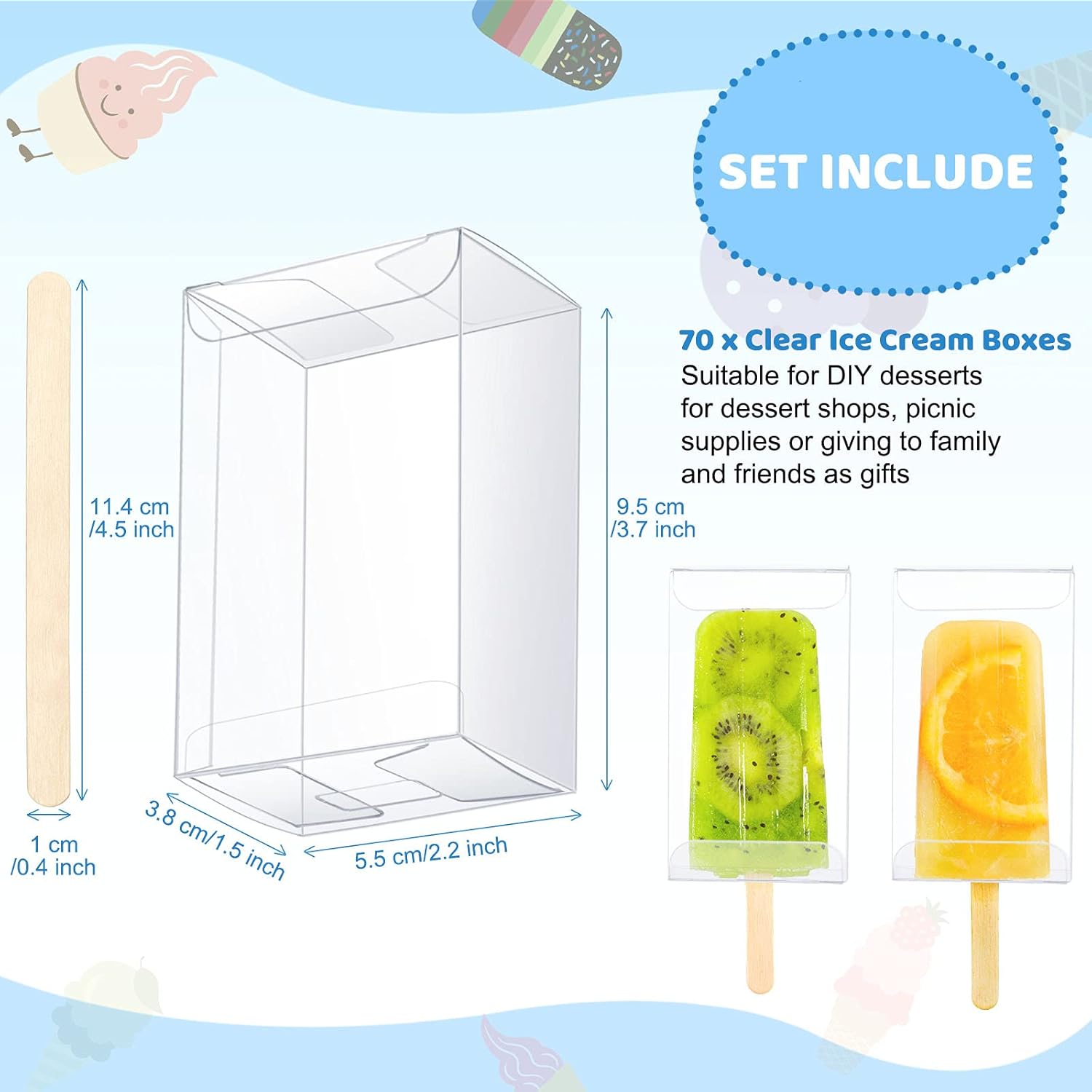 50 Pcs Ice Cream Cakesicle Boxes Set Include 25 Clear Pet Cake Boxes Plastic Candy Gift Bags and 25 Wooden Sticks Treat Boxes for DIY Baking Wedding Baby Shower Birthday Party - Image 2