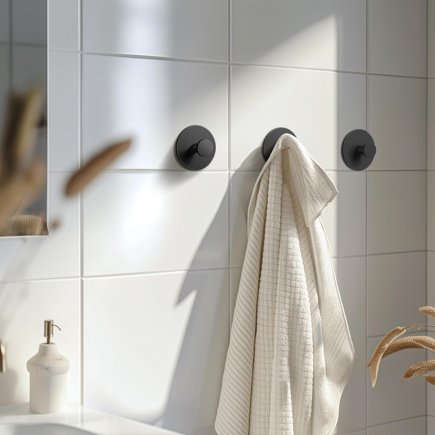 Multifunctional Towel Hooks for Bathroom Wall - Extra Sticky Stainless, Holds up to 12LB, Coat Hooks Wall Hooks, Adhesive Door Holder Hanger Shower Accessories, Matt Black Heavy Duty - Image 3