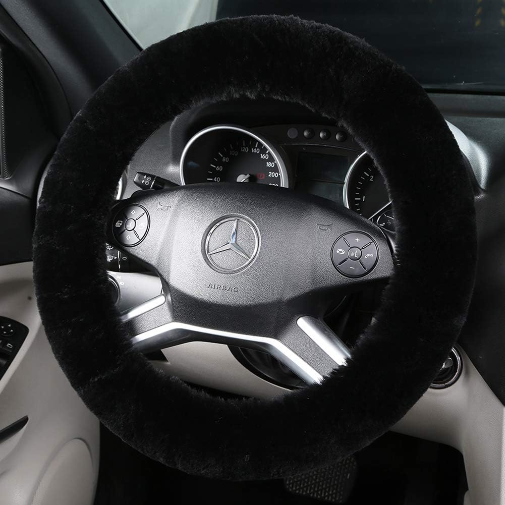 Fluffy Wool Sheepskin Fuzzy Black Car Steering Wheel Cover for Universal Auto Steering Wheel 14 1/2-15 1/2inch, Anti-Slip, Soft Plush, Comforting and Luxurious, Soft Texture (Black) - Image 1