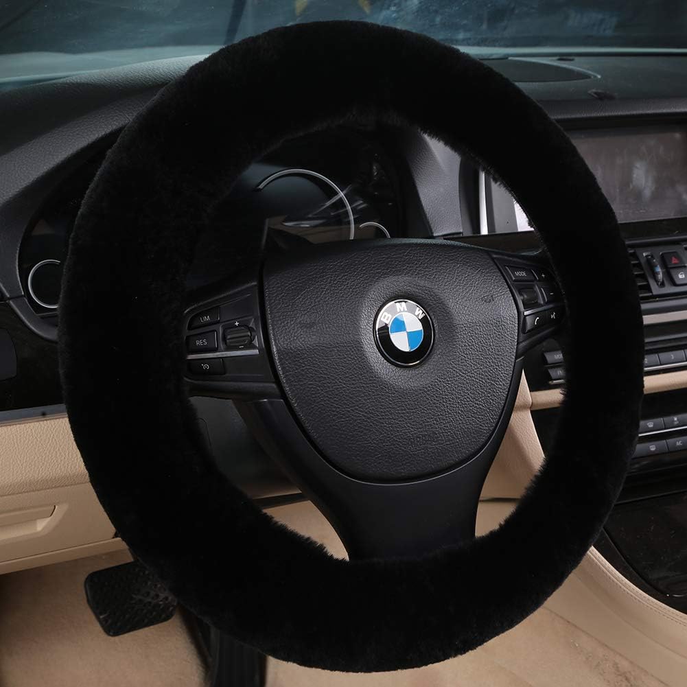 Fluffy Wool Sheepskin Fuzzy Black Car Steering Wheel Cover for Universal Auto Steering Wheel 14 1/2-15 1/2inch, Anti-Slip, Soft Plush, Comforting and Luxurious, Soft Texture (Black) - Image 2