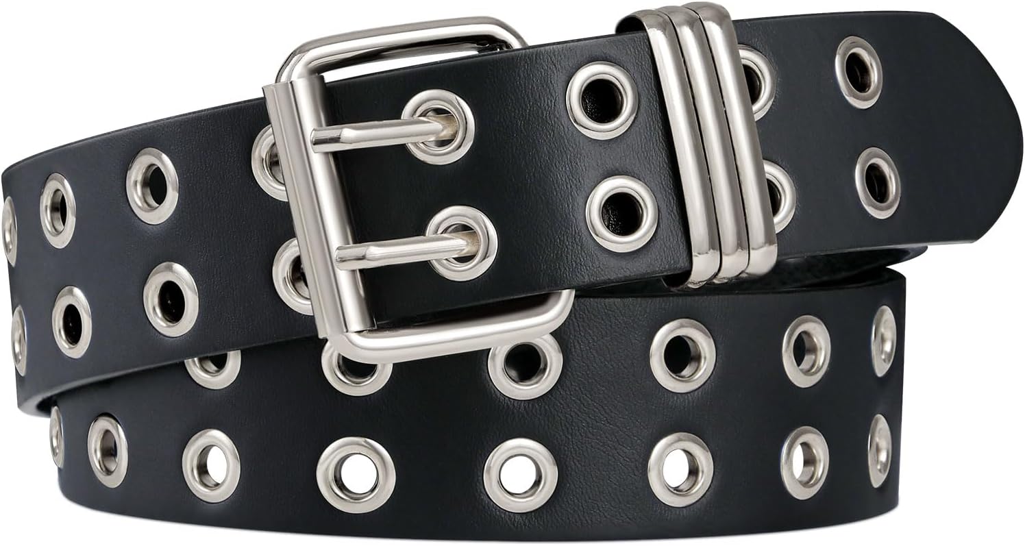 Grommet Leather Belt with Detachable Chain Women Men Punk Rock Waist Belts for Jeans Pants - Image 1