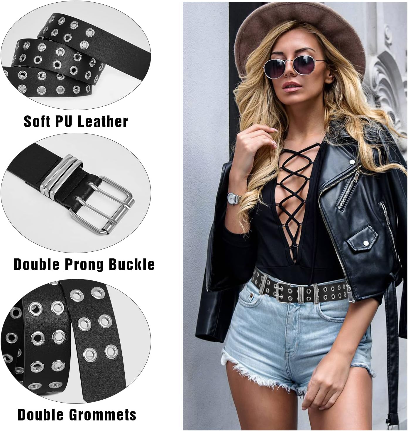 Grommet Leather Belt with Detachable Chain Women Men Punk Rock Waist Belts for Jeans Pants - Image 2