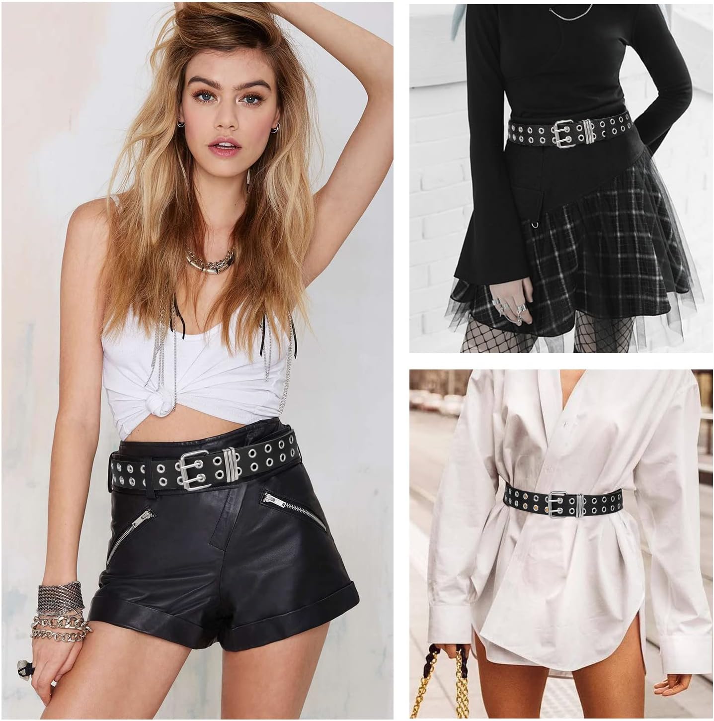 Grommet Leather Belt with Detachable Chain Women Men Punk Rock Waist Belts for Jeans Pants - Image 3
