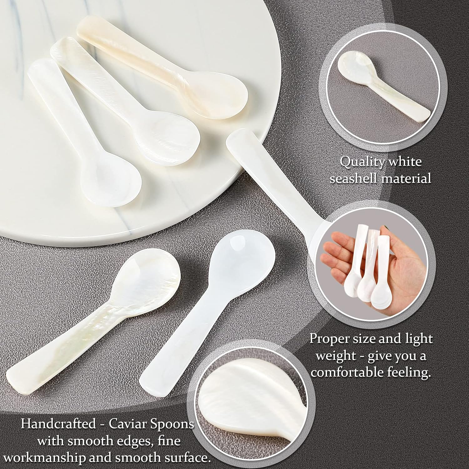 Caviar Spoons Mother of Pearl Mop Spoons with Hand Craft W Round Handle for Caviar, Egg, Ice Cream, Salt, Coffee Serving, Restaurant Serving Set(6 Pieces,3.55 Inch) - Image 6