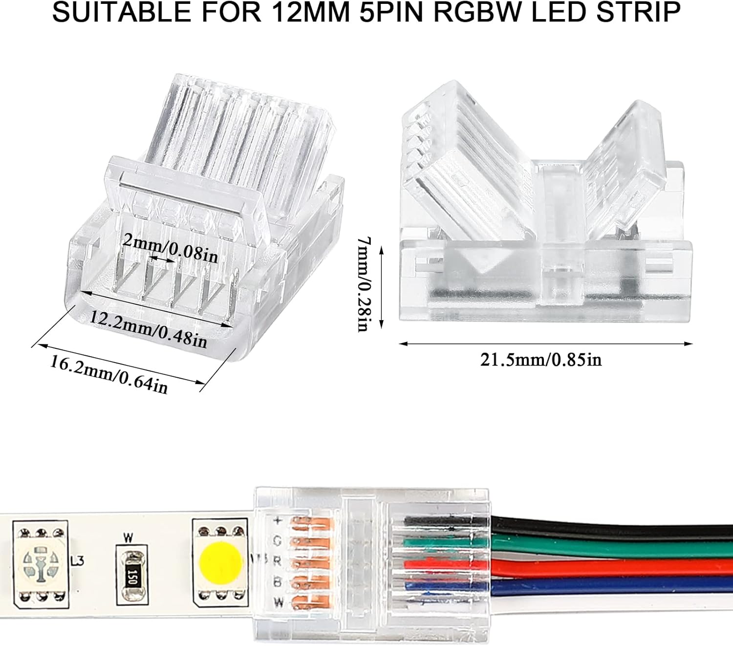 20 Pcs 5 Pin 12 mm LED Strip Connector RGB Lights Waterproof Adapter 22 Awg Wires Connector for Strip Light Unwired Gapless Track 5v 12v 24v - Image 3