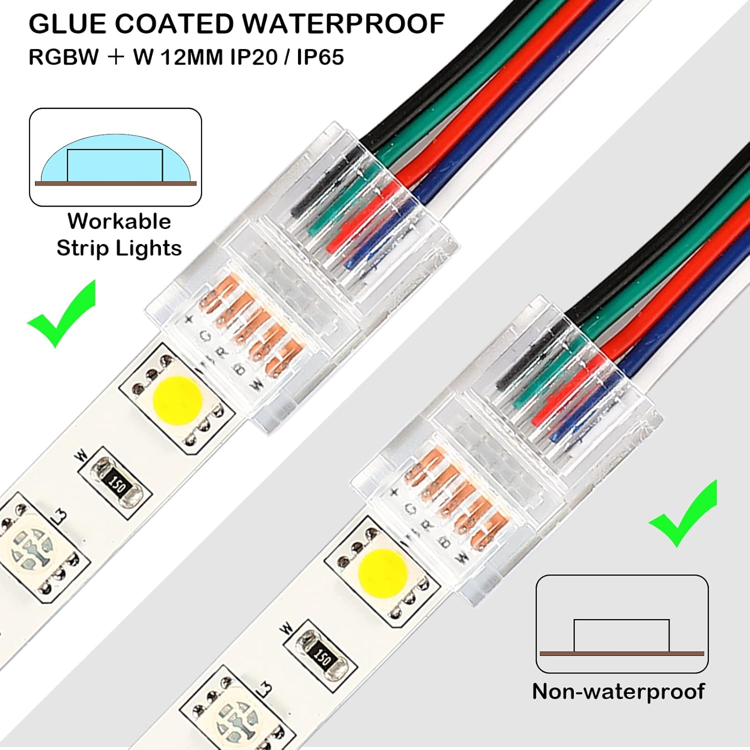 20 Pcs 5 Pin 12 mm LED Strip Connector RGB Lights Waterproof Adapter 22 Awg Wires Connector for Strip Light Unwired Gapless Track 5v 12v 24v - Image 4