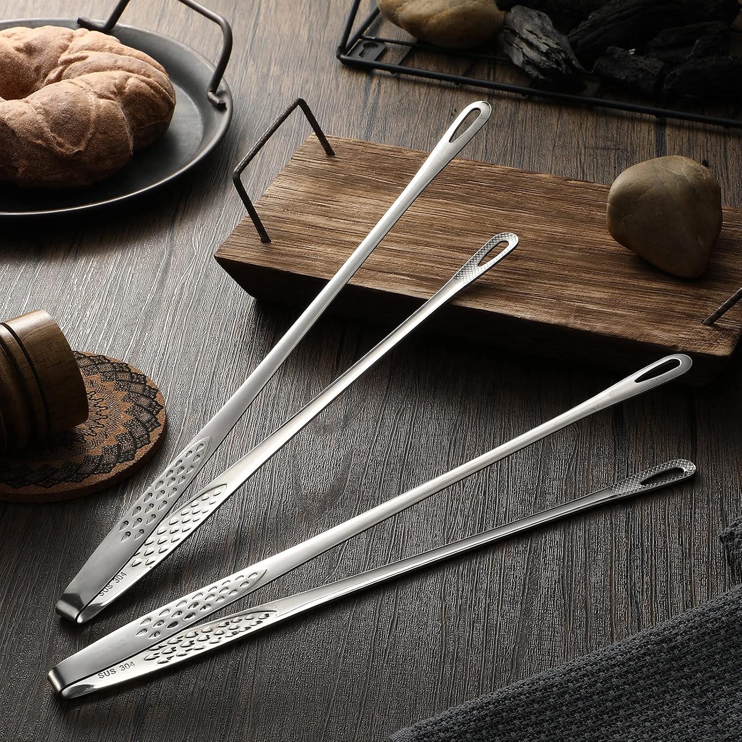 3 Pcs 11 Inches Kitchen Tongs Korean BBQ Tweezers for Cooking Stainless Steel Kitchen Tweezers Grill Food Yakiniku Cooking Clamp Tool for Salad, Fish, Steak, Barbecue, Buffet, Meat - Image 4
