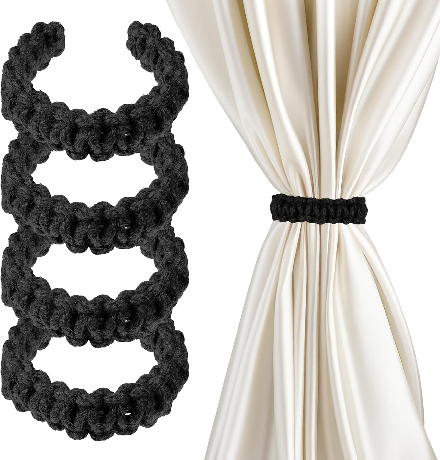 4 Pack Braided Curtain Tiebacks Boho Elegant Rustic Curtain Holdbacks Tie Backs Holders Set Simple Light Weight Drapes Decorative Accessories Handmade for Home Office Bedroom Window (4, Black) - Image 1