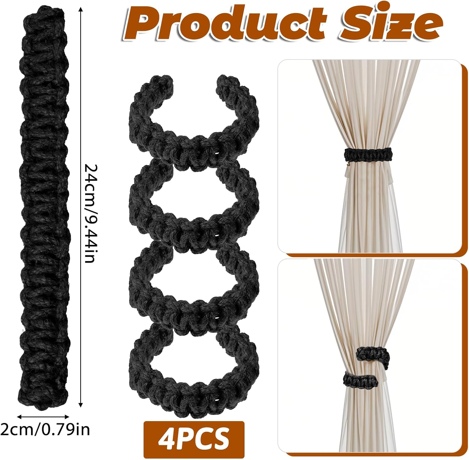 4 Pack Braided Curtain Tiebacks Boho Elegant Rustic Curtain Holdbacks Tie Backs Holders Set Simple Light Weight Drapes Decorative Accessories Handmade for Home Office Bedroom Window (4, Black) - Image 2