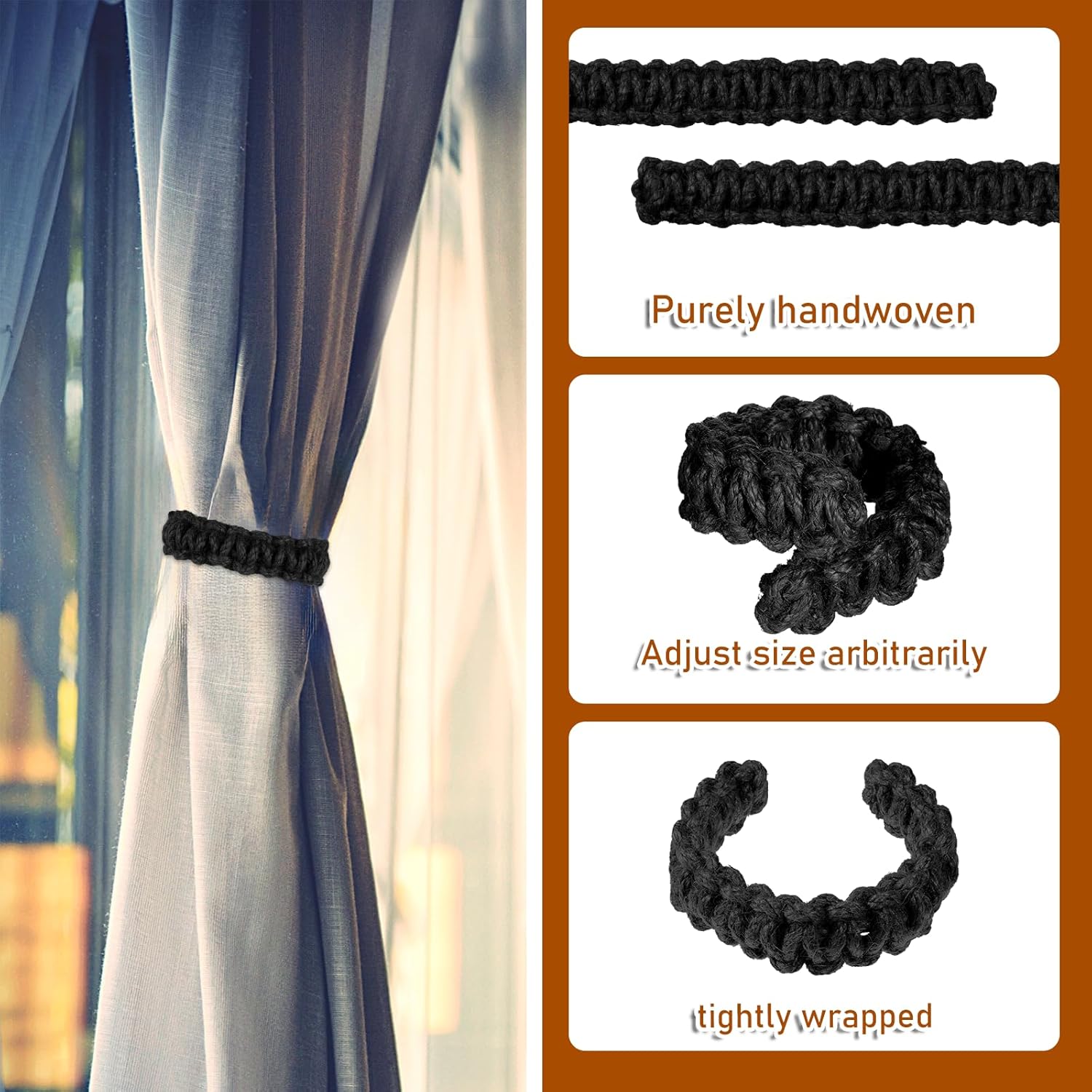 4 Pack Braided Curtain Tiebacks Boho Elegant Rustic Curtain Holdbacks Tie Backs Holders Set Simple Light Weight Drapes Decorative Accessories Handmade for Home Office Bedroom Window (4, Black) - Image 3