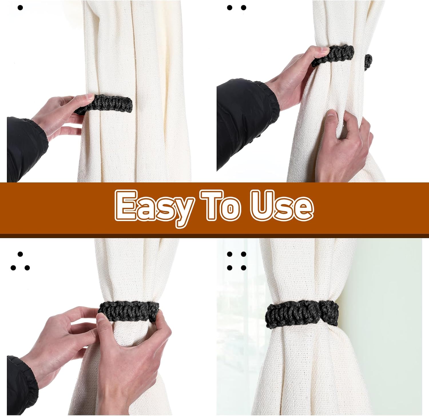 4 Pack Braided Curtain Tiebacks Boho Elegant Rustic Curtain Holdbacks Tie Backs Holders Set Simple Light Weight Drapes Decorative Accessories Handmade for Home Office Bedroom Window (4, Black) - Image 4