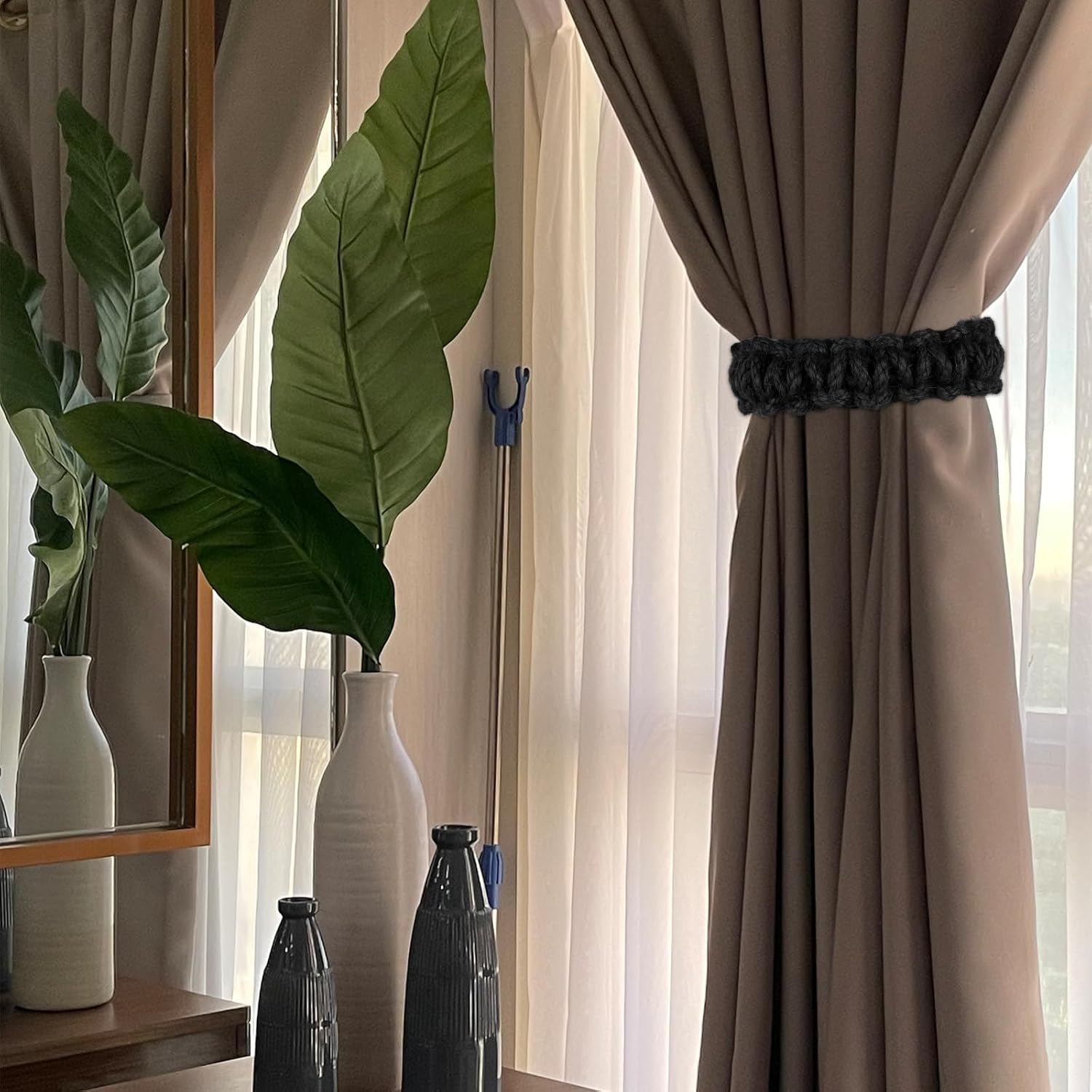 4 Pack Braided Curtain Tiebacks Boho Elegant Rustic Curtain Holdbacks Tie Backs Holders Set Simple Light Weight Drapes Decorative Accessories Handmade for Home Office Bedroom Window (4, Black) - Image 6