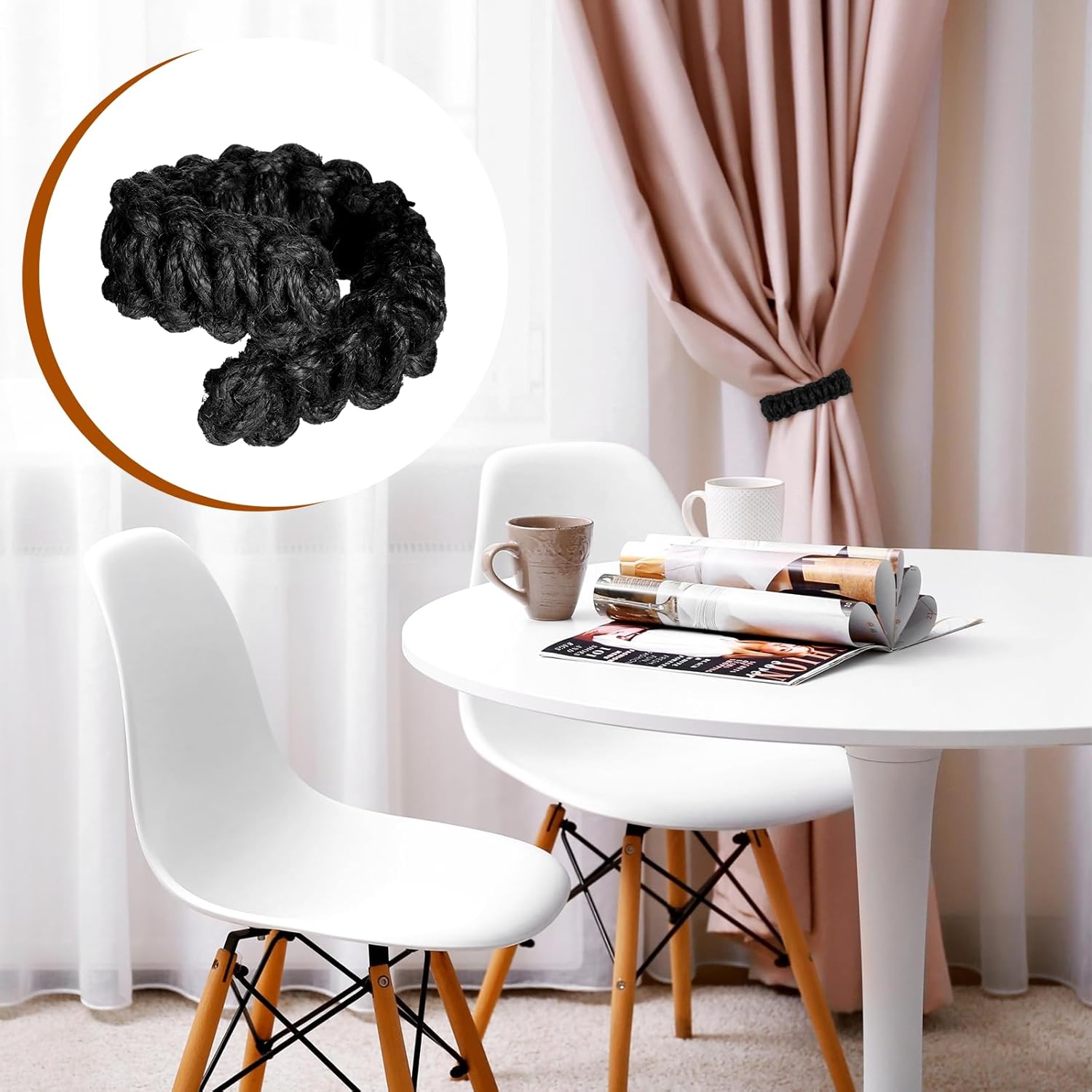 4 Pack Braided Curtain Tiebacks Boho Elegant Rustic Curtain Holdbacks Tie Backs Holders Set Simple Light Weight Drapes Decorative Accessories Handmade for Home Office Bedroom Window (4, Black) - Image 7
