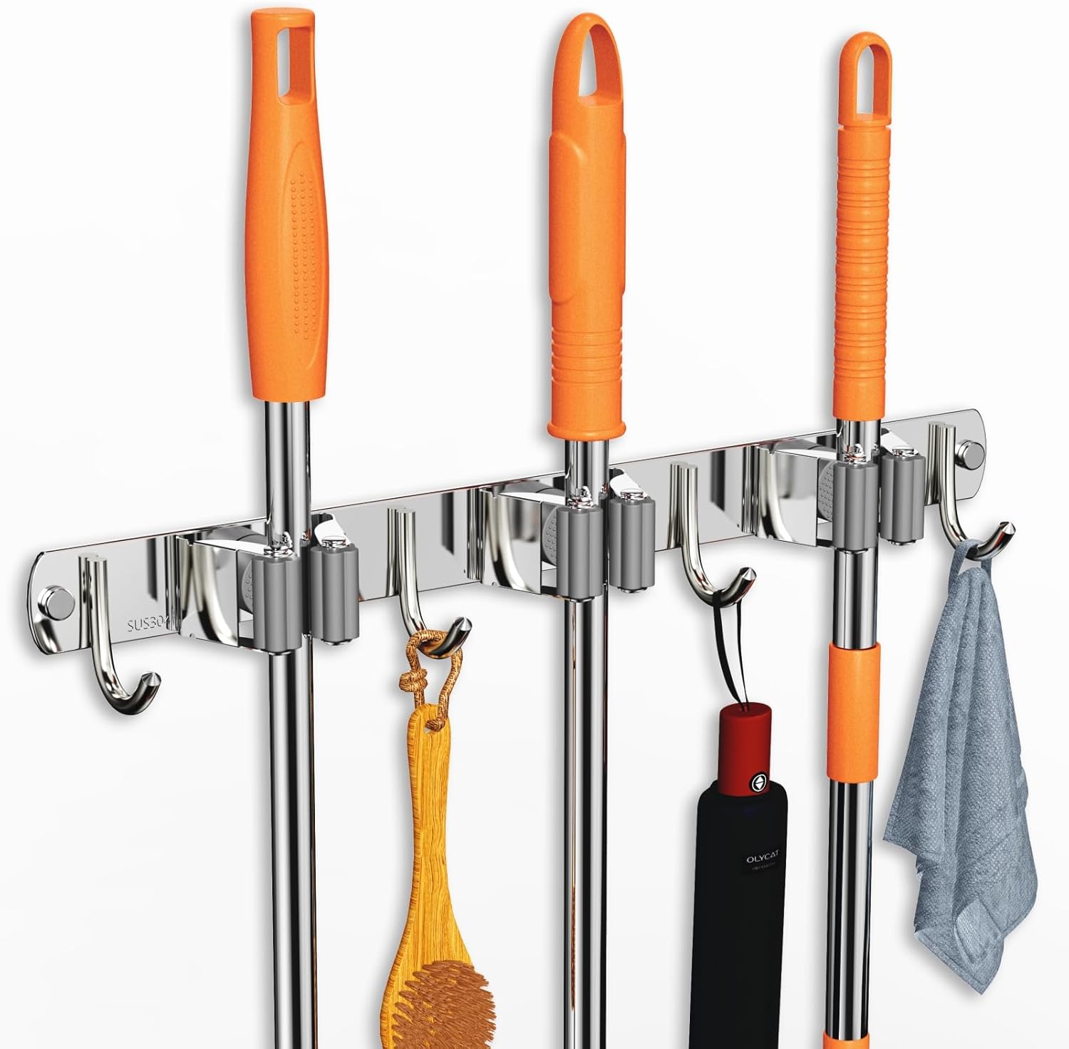 Mop and Broom Holder Wall Mount, Upgraded Broom Organizer Wall Mount, Stainless Steel Broom Hanger Wall Mount for Home Kitchen Garden Laundry Garage (3 Racks with 4 Hooks) - Image 1