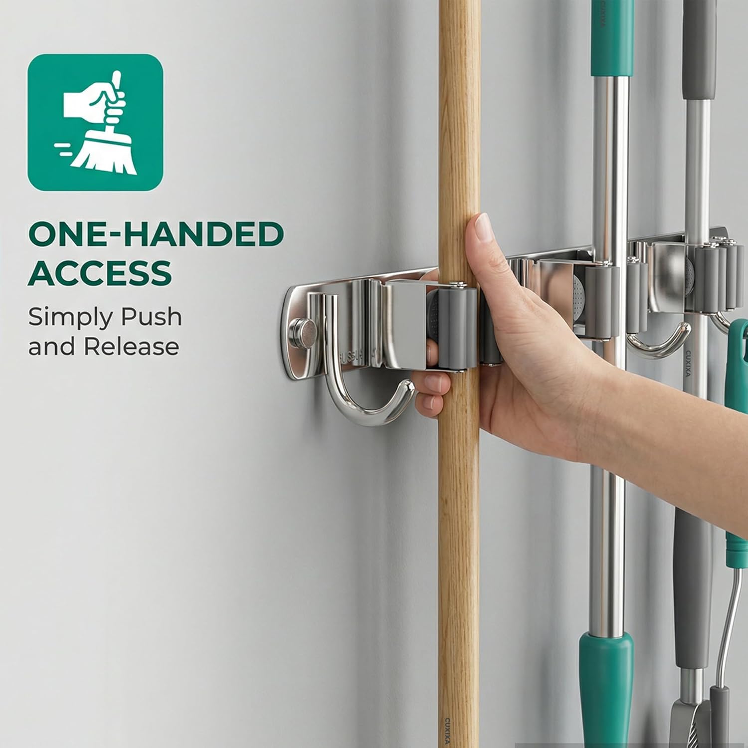 Mop and Broom Holder Wall Mount, Upgraded Broom Organizer Wall Mount, Stainless Steel Broom Hanger Wall Mount for Home Kitchen Garden Laundry Garage (3 Racks with 4 Hooks) - Image 3