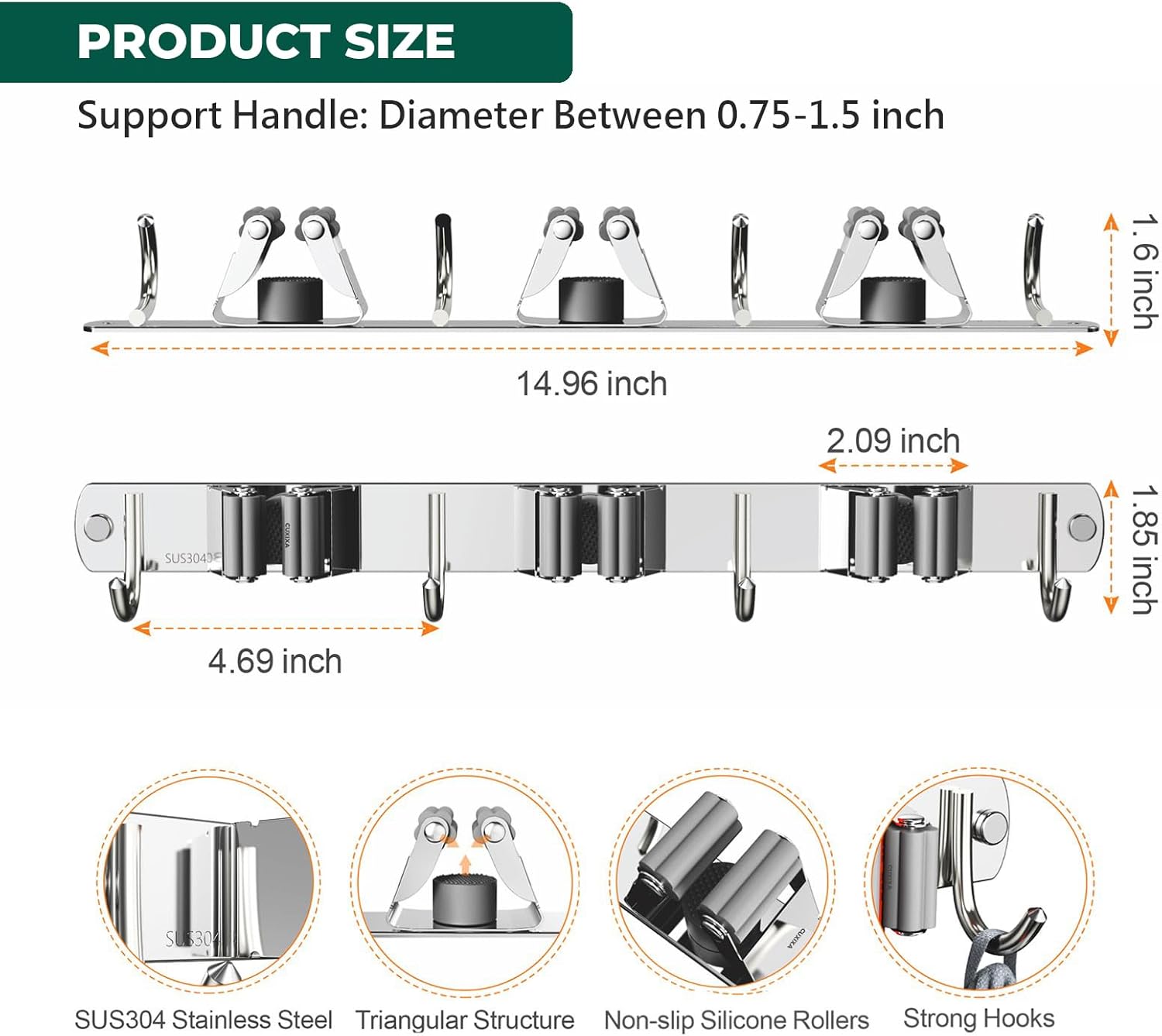 Mop and Broom Holder Wall Mount, Upgraded Broom Organizer Wall Mount, Stainless Steel Broom Hanger Wall Mount for Home Kitchen Garden Laundry Garage (3 Racks with 4 Hooks) - Image 6