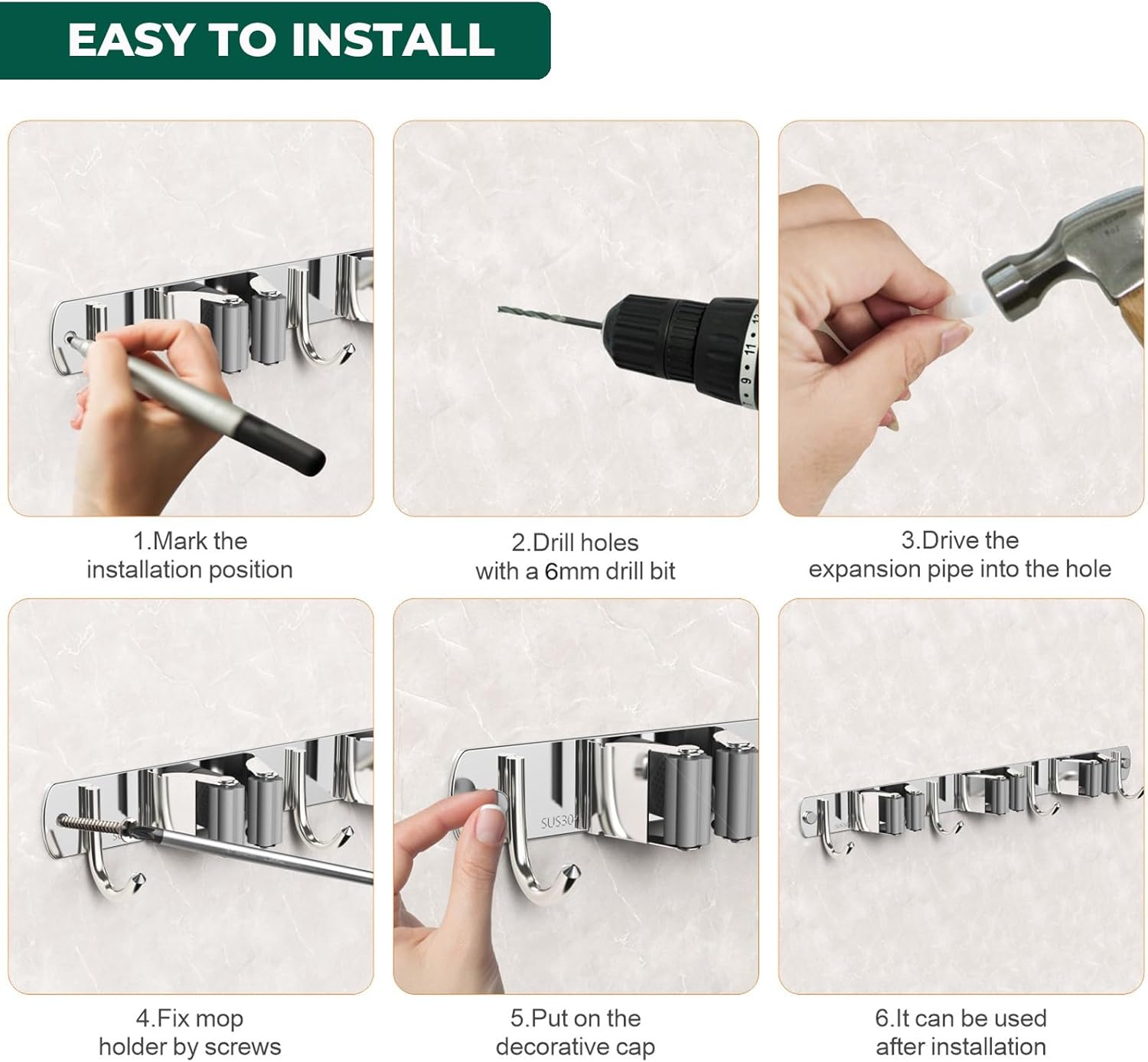 Mop and Broom Holder Wall Mount, Upgraded Broom Organizer Wall Mount, Stainless Steel Broom Hanger Wall Mount for Home Kitchen Garden Laundry Garage (3 Racks with 4 Hooks) - Image 7
