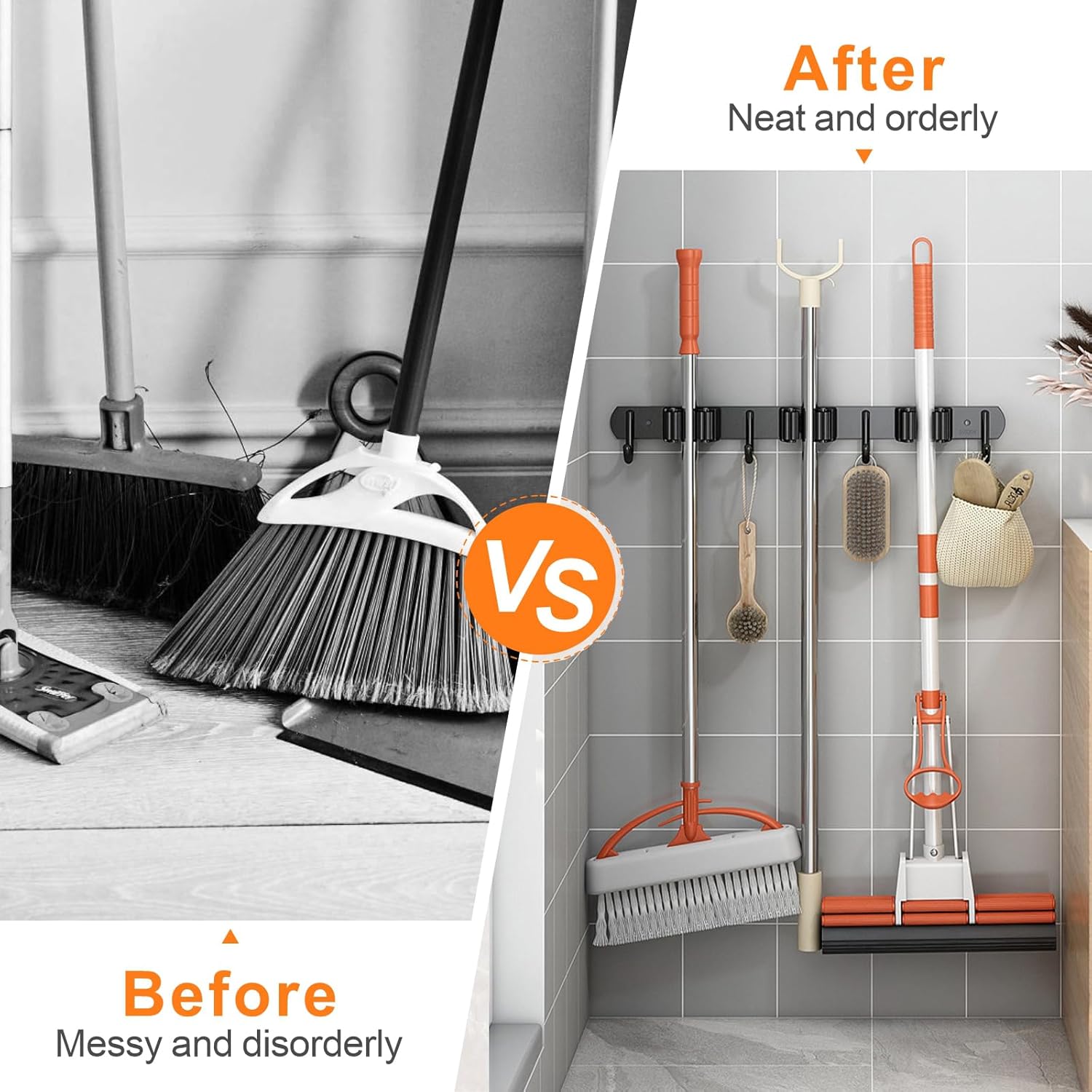 Mop and Broom Holder Wall Mount, Upgraded Broom Organizer Wall Mount, Stainless Steel Broom Hanger Wall Mount for Kitchen Garden Laundry Room Decor (3 Racks with 4 Hooks Black) - Image 5